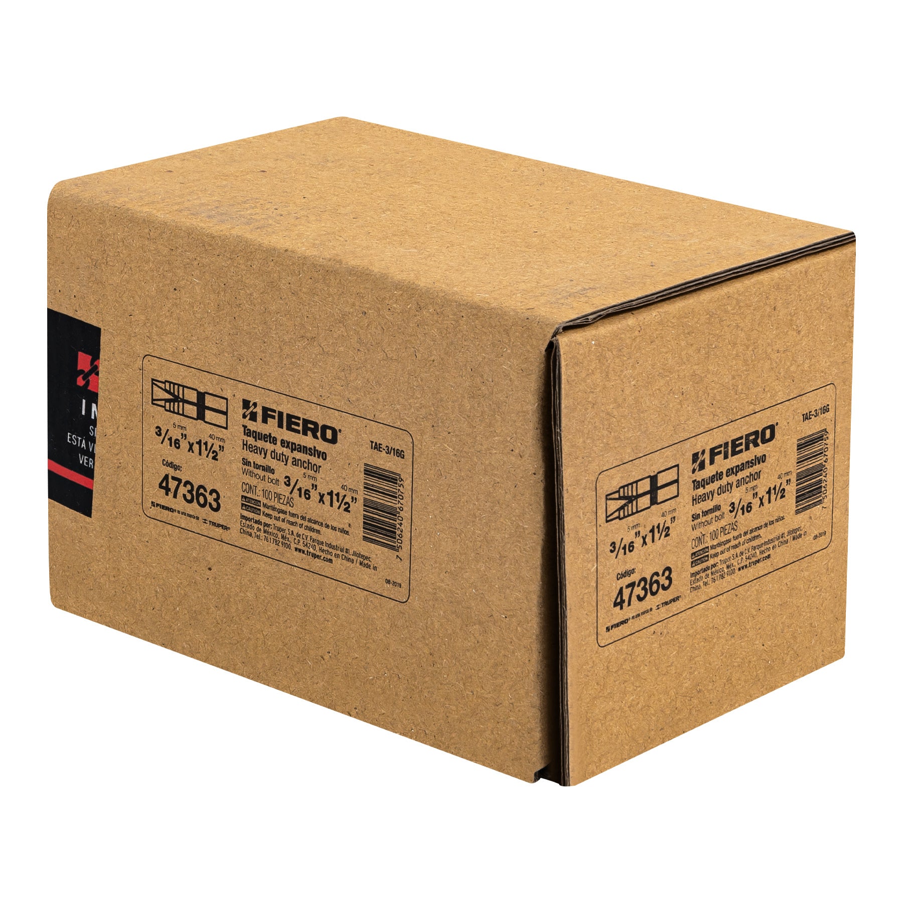 Caja con 100 taquetes expansivos de 3/16" sin tornillo,Fiero