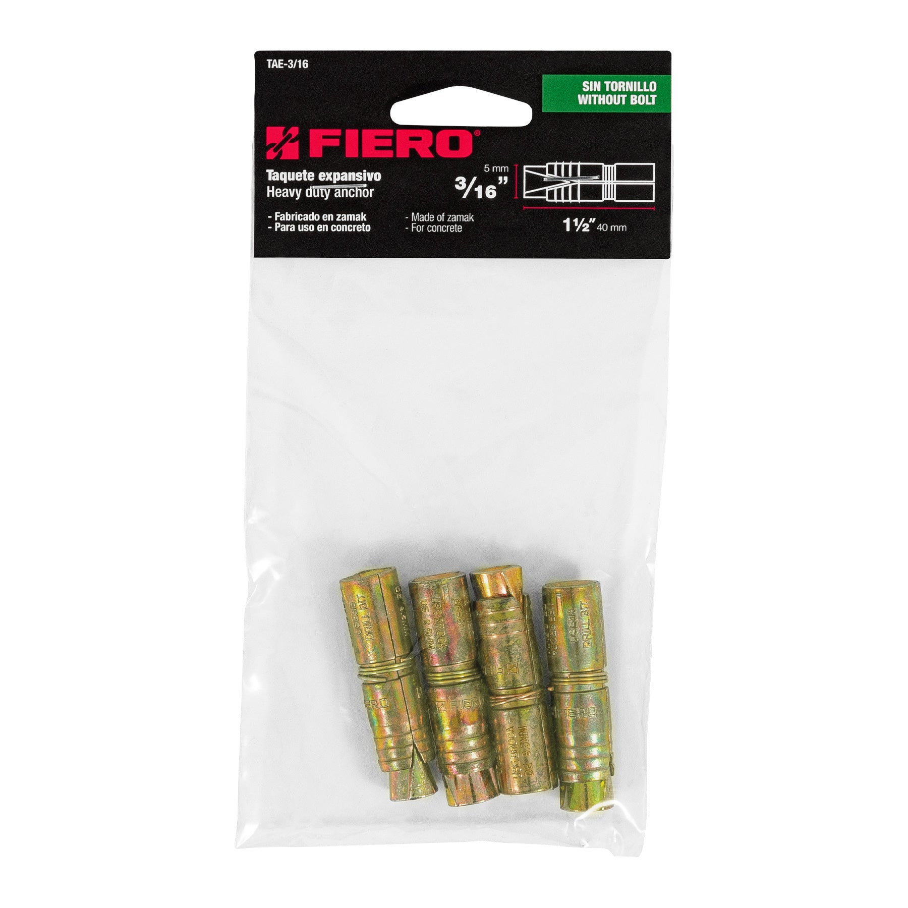 Bolsa con 4 taquetes expansivos de 3/16" sin tornillo, Fiero