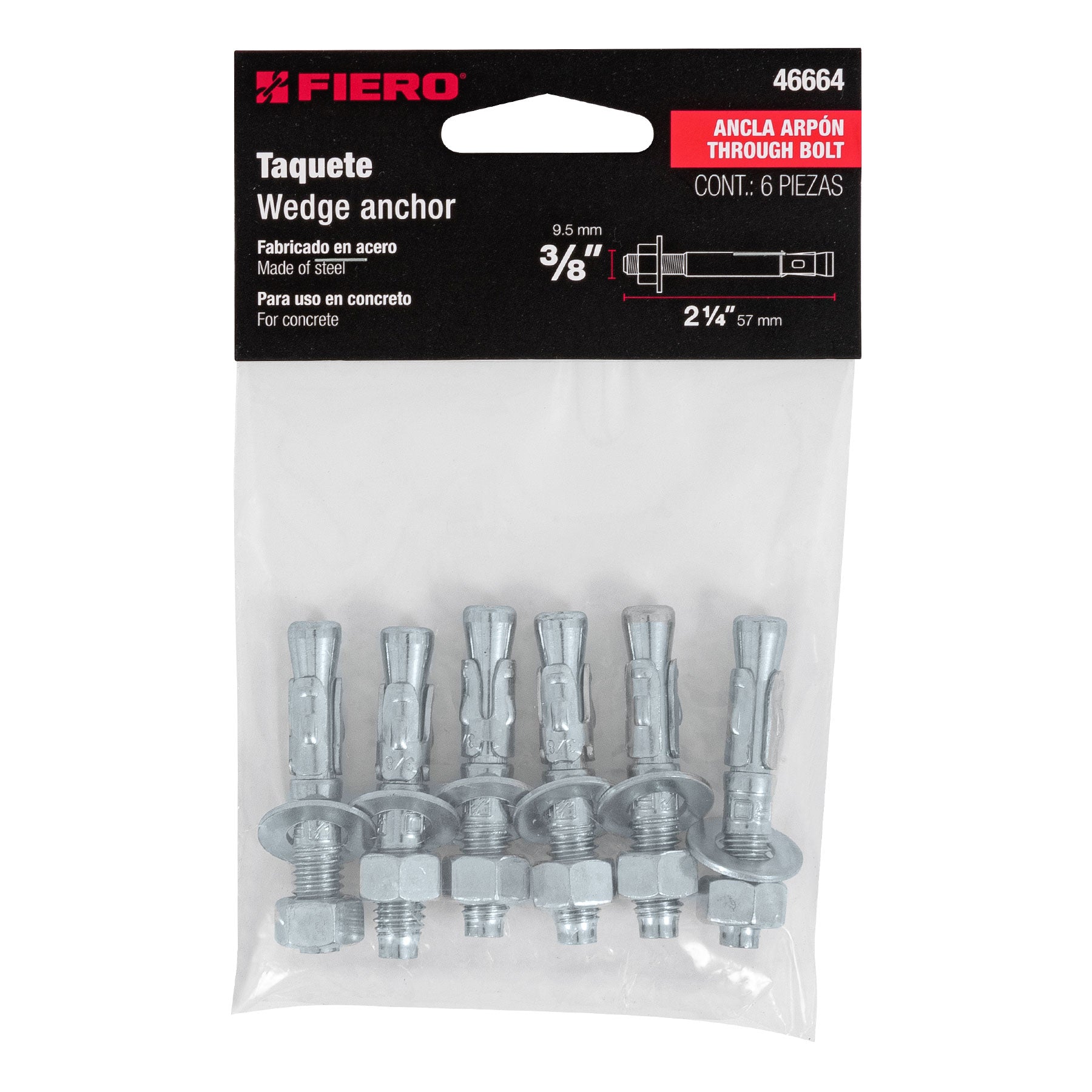 Bolsa con 6 taquetes arpón 3/8" x 2-1/4", Fiero