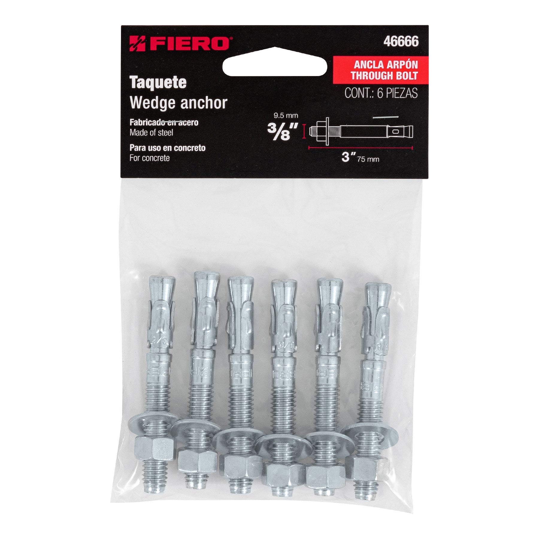 Bolsa con 6 taquetes arpón 3/8" x 3", Fiero