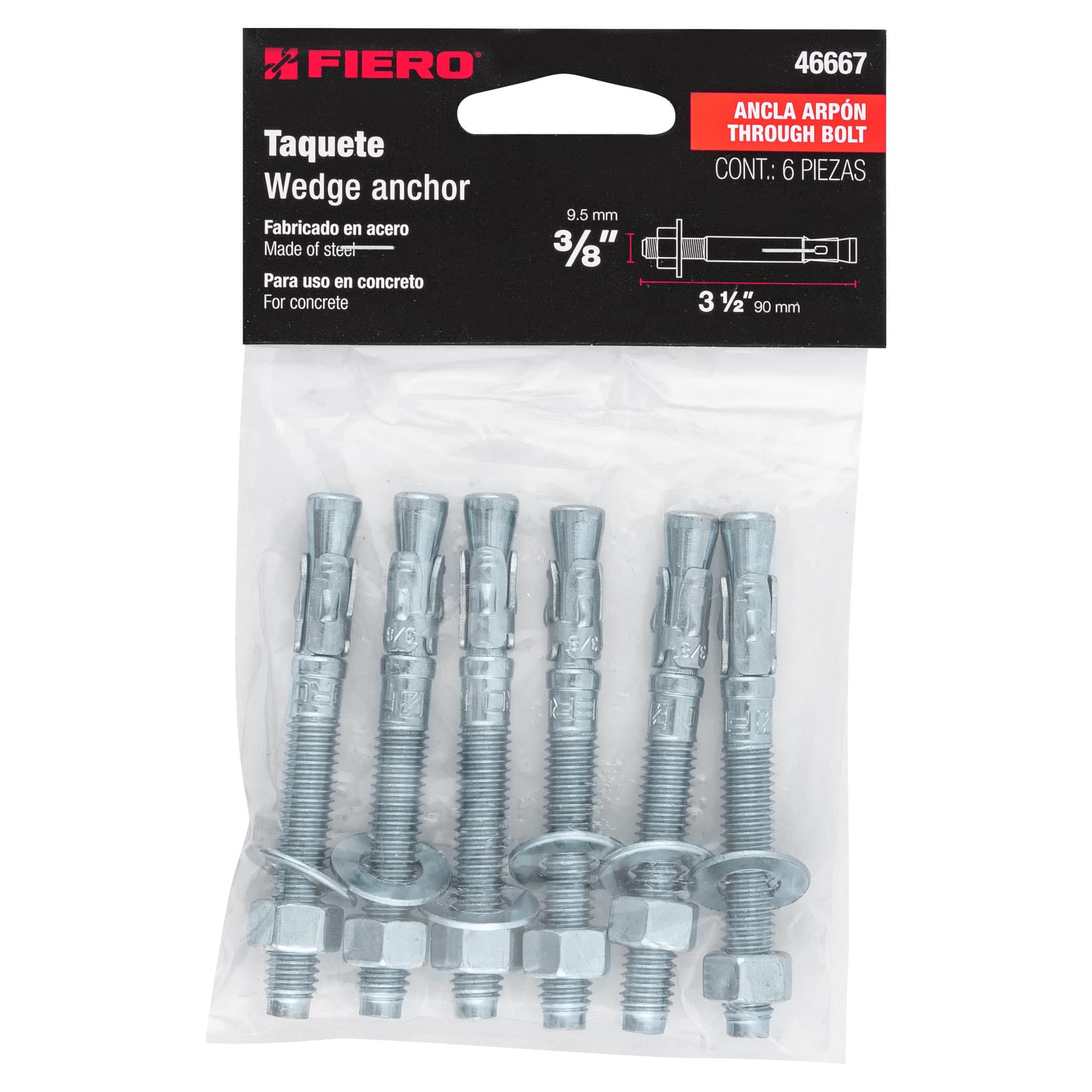 Bolsa con 6 taquetes arpón 3/8" x 3-1/2", Fiero