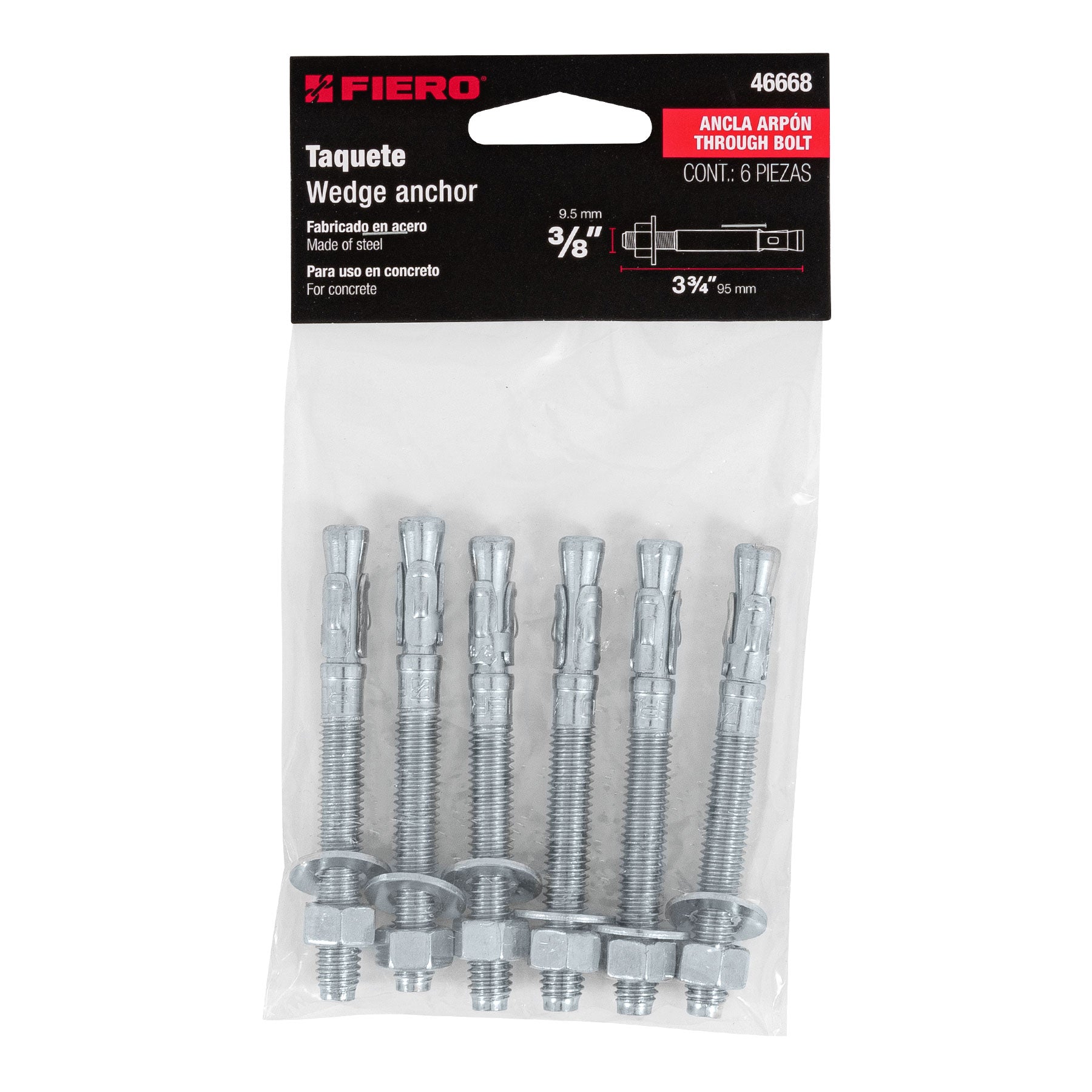 Bolsa con 6 taquetes arpón 3/8" x 3-3/4", Fiero