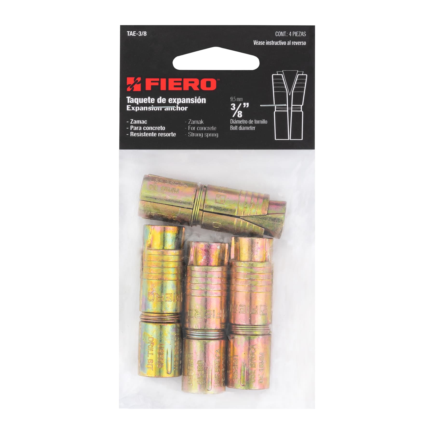 Bolsa con 4 taquetes expansivos de 3/8" sin tornillo, Fiero