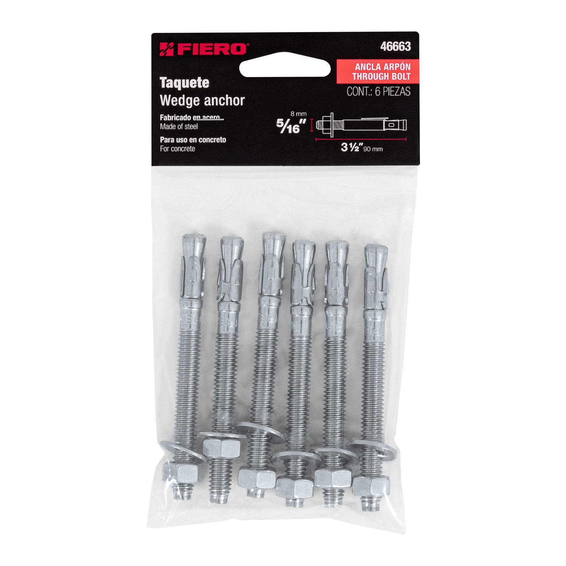 Bolsa con 6 taquetes arpón 5/16" x 3-1/2", Fiero