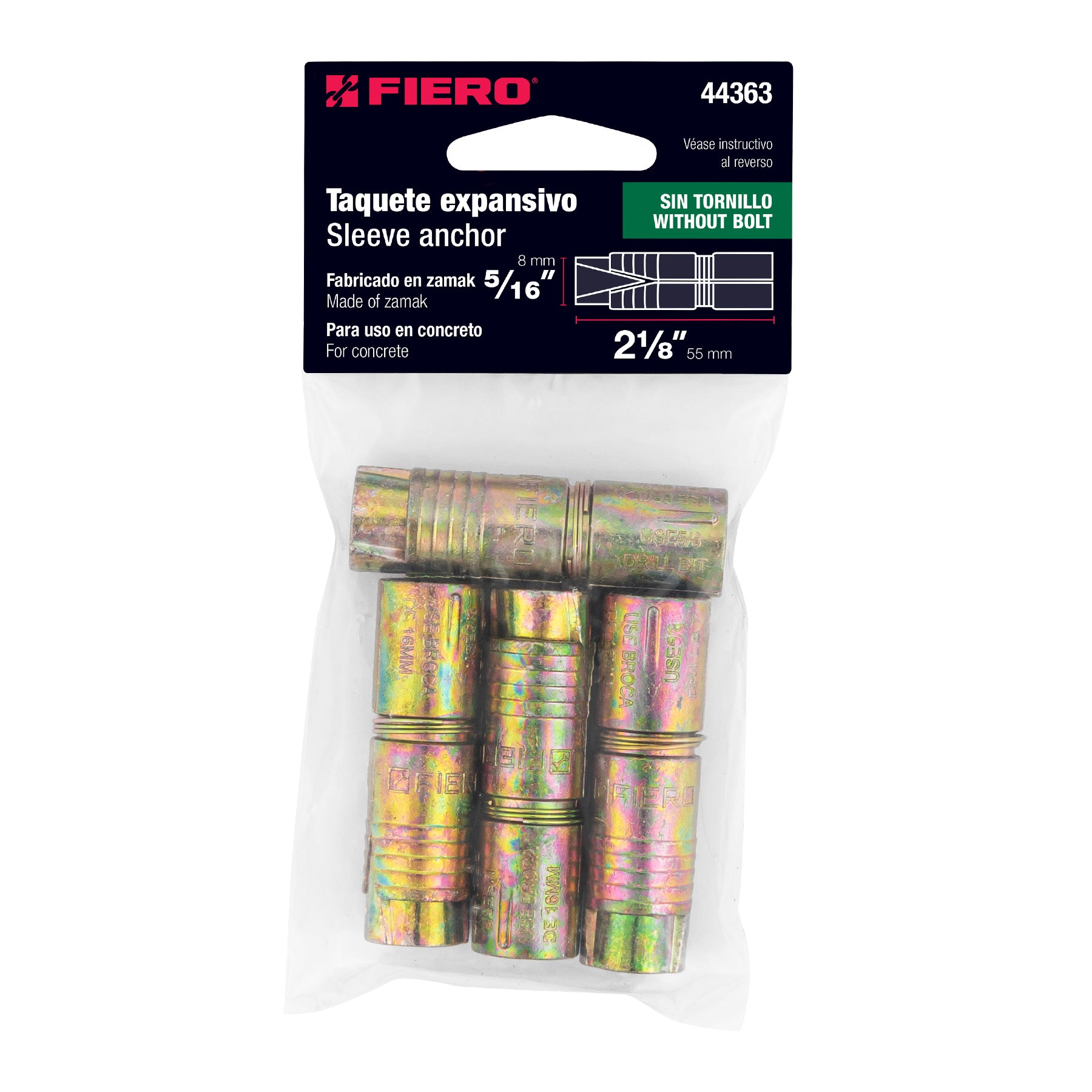 Bolsa con 4 taquetes expansivos de 5/16" sin tornillo, Fiero
