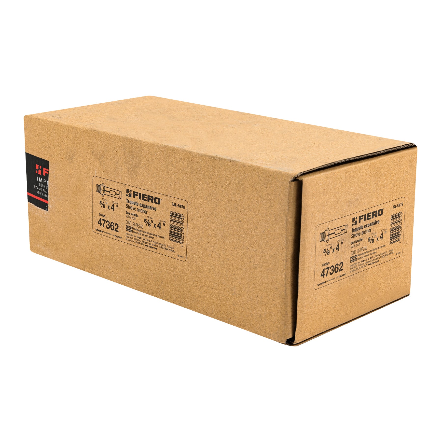 Caja con 25 taquetes expansivos de 5/8" con tornillo, Fiero