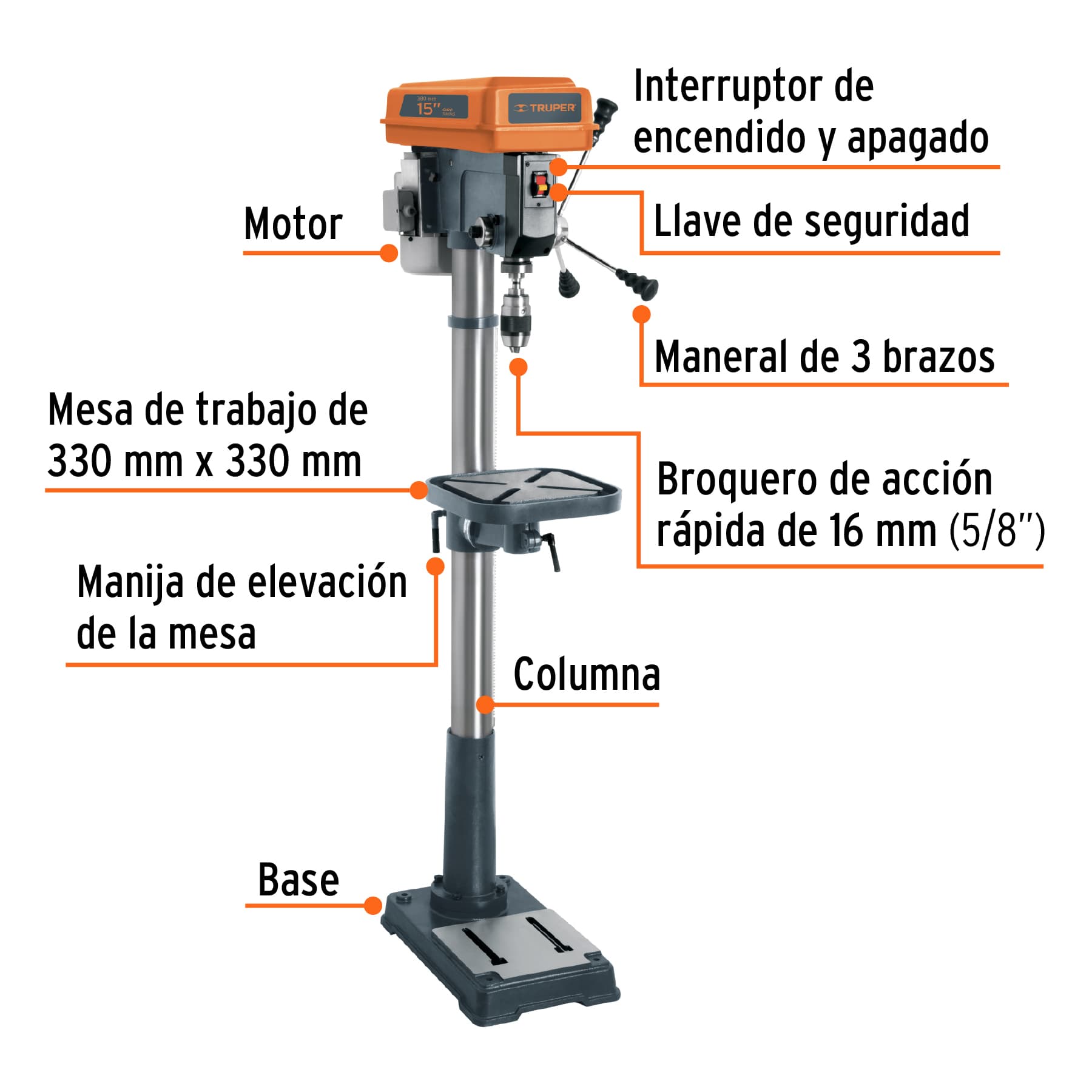 Taladro de piso 15", 1 HP (750 W), broquero 5/8", Truper