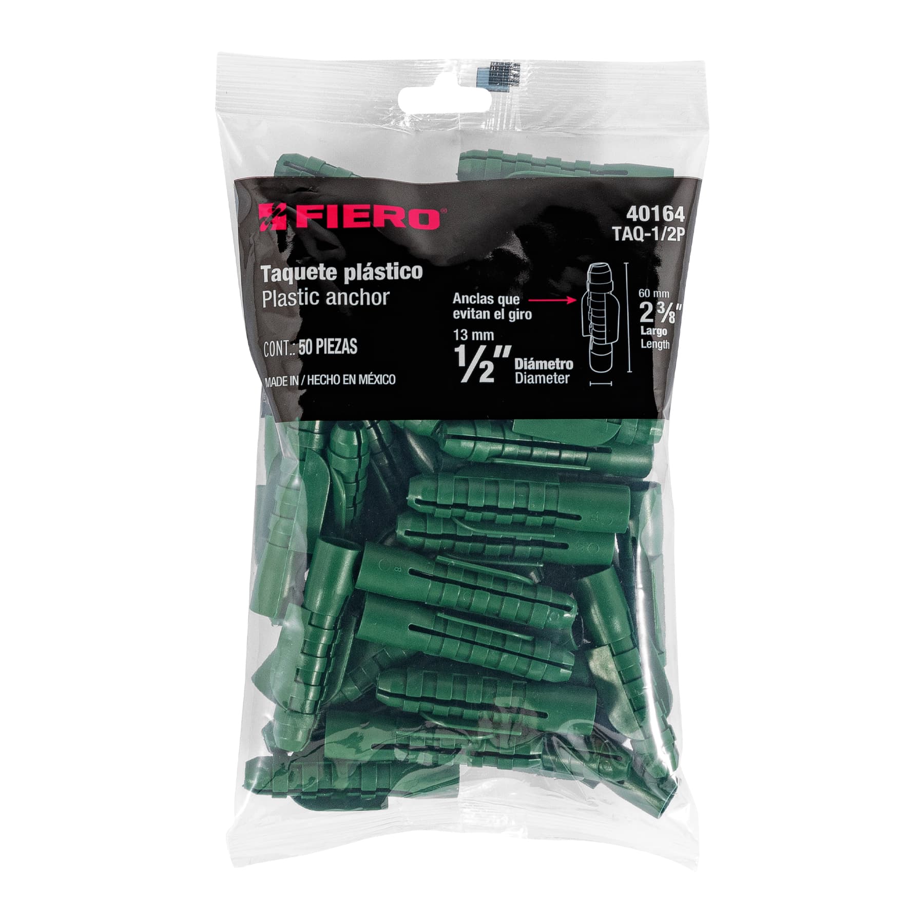 Bolsa con 50 taquetes de plástico 1/2", Fiero