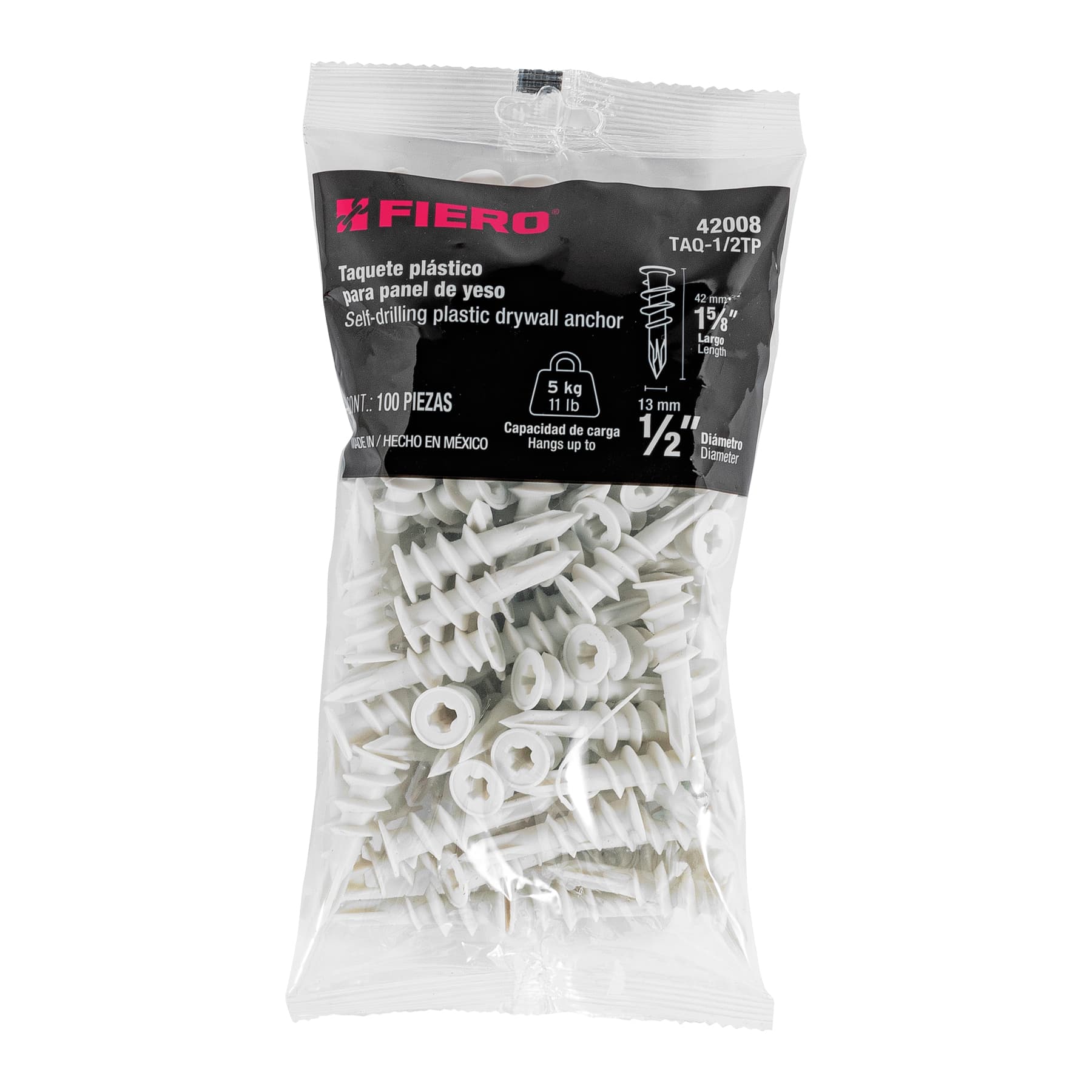 Bolsa con 100 taquetes plásticos 1/2", para panel de yeso, Fiero