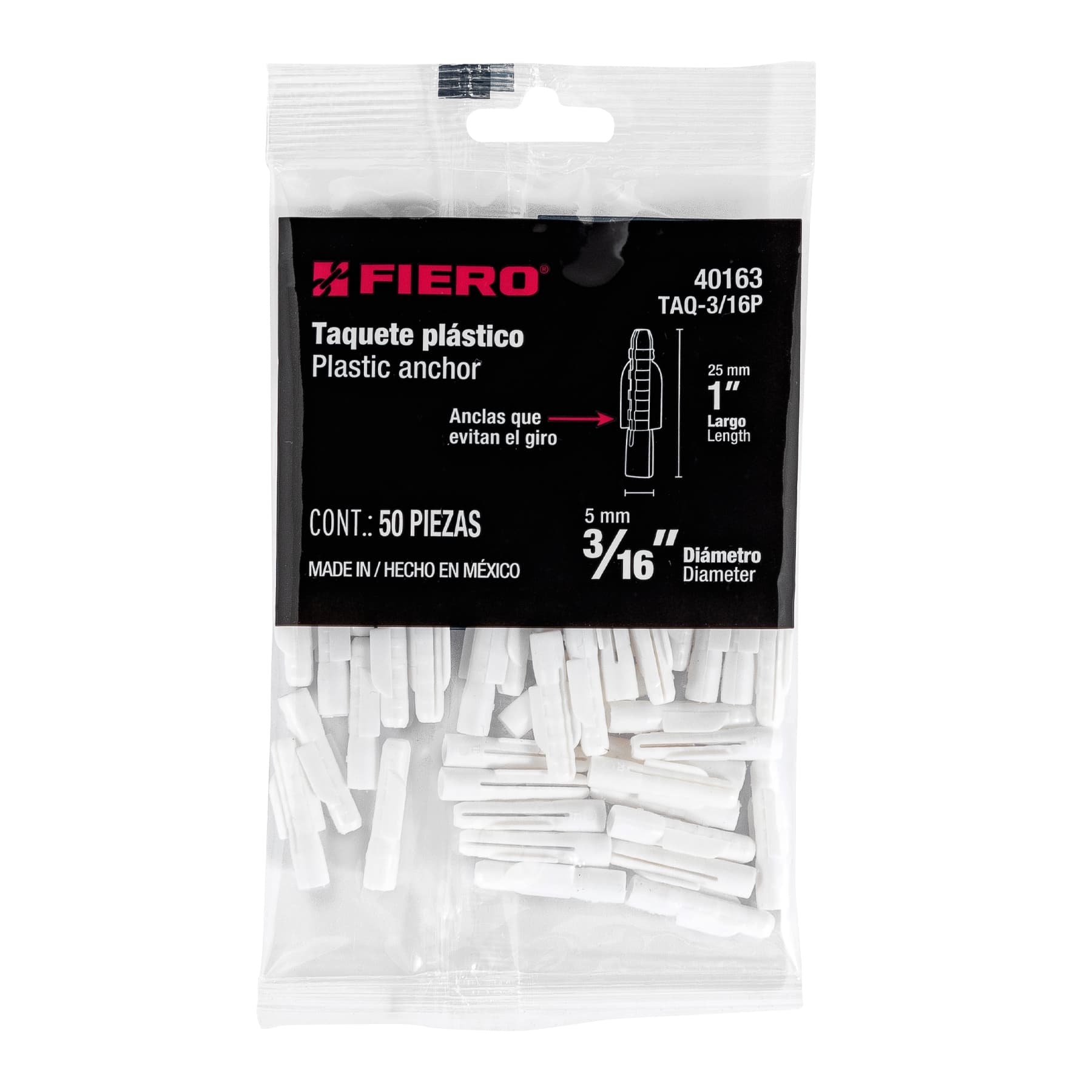 Bolsa con 50 taquetes de plástico 3/16", Fiero