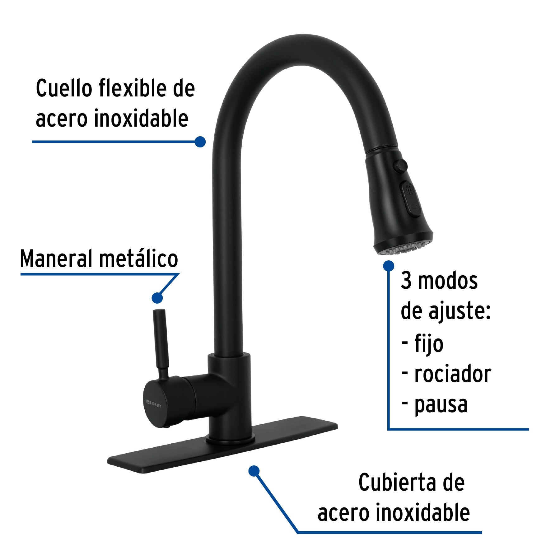 Monomando para fregadero,cuello extraible,negro mate,Tubig