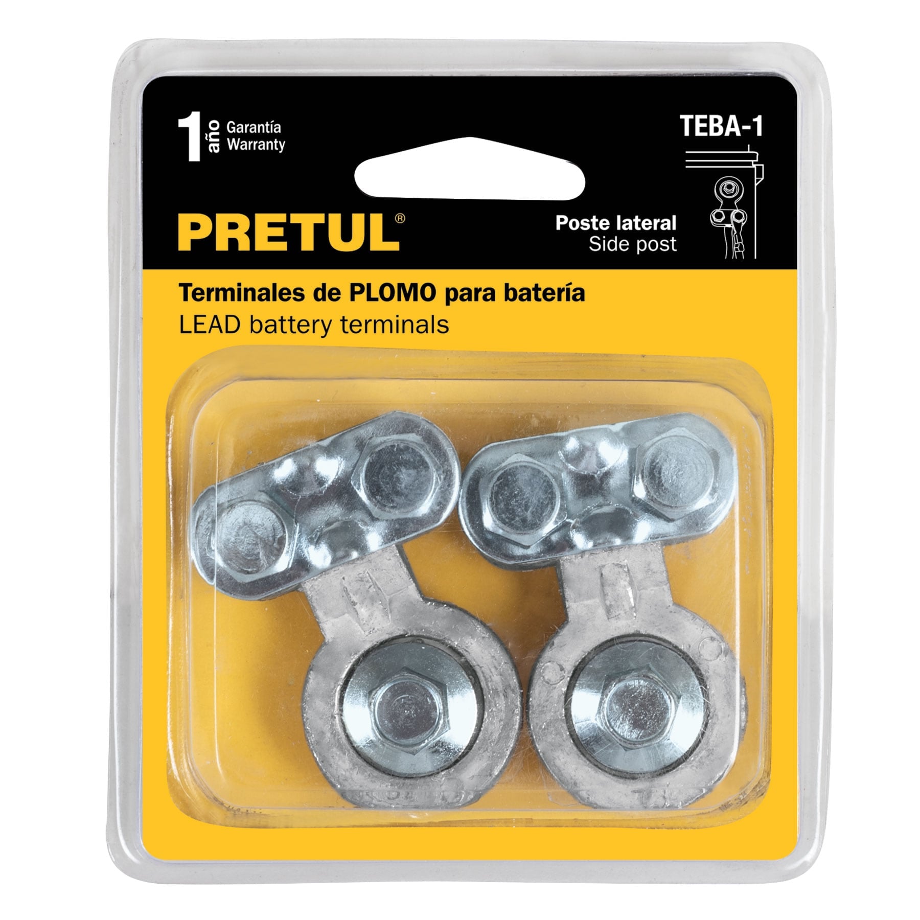 Blíster 2 terminales para batería, plomo, poste lateral, Pretul
