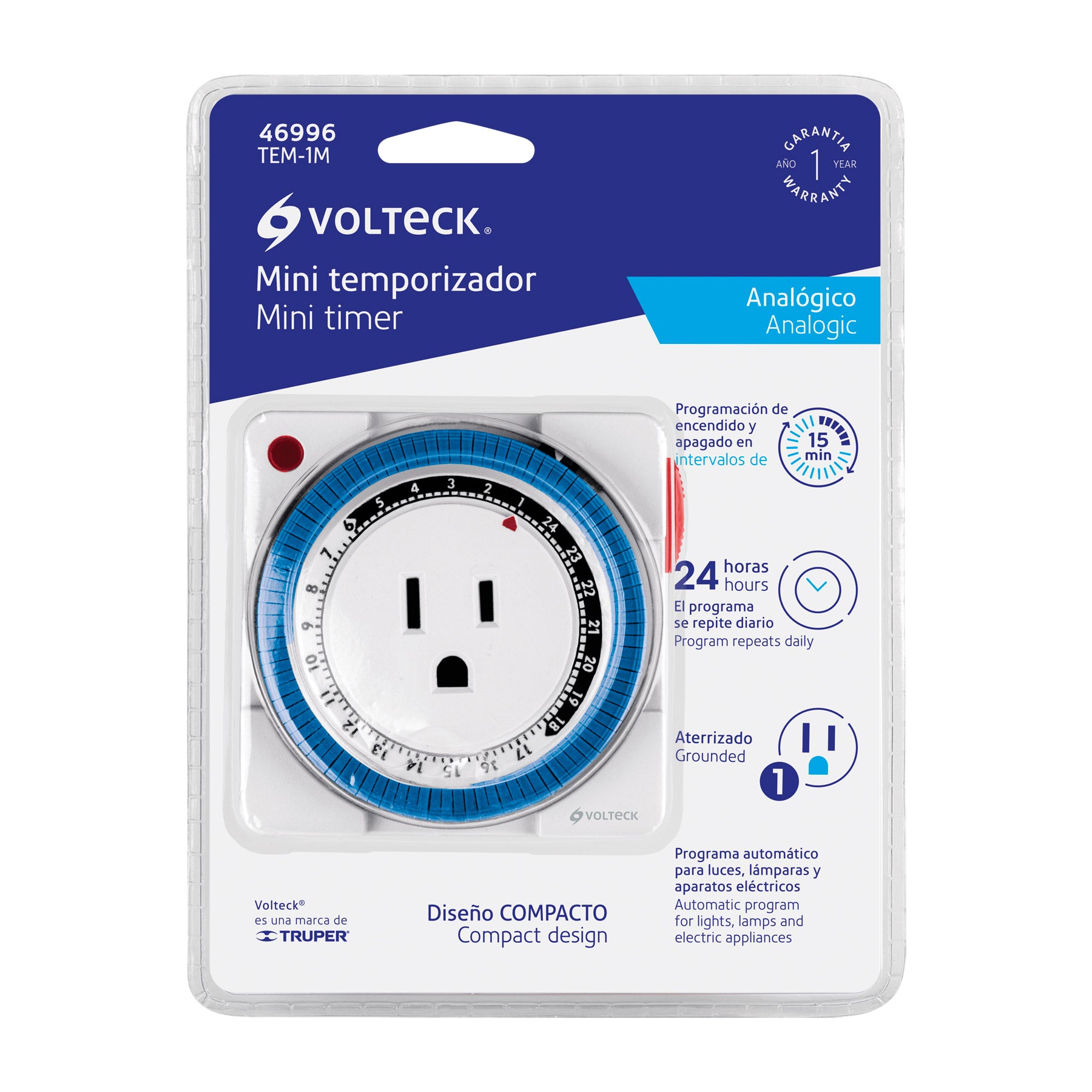 Mini Temporizador analógico 1 evento, intervalos de 15 min.