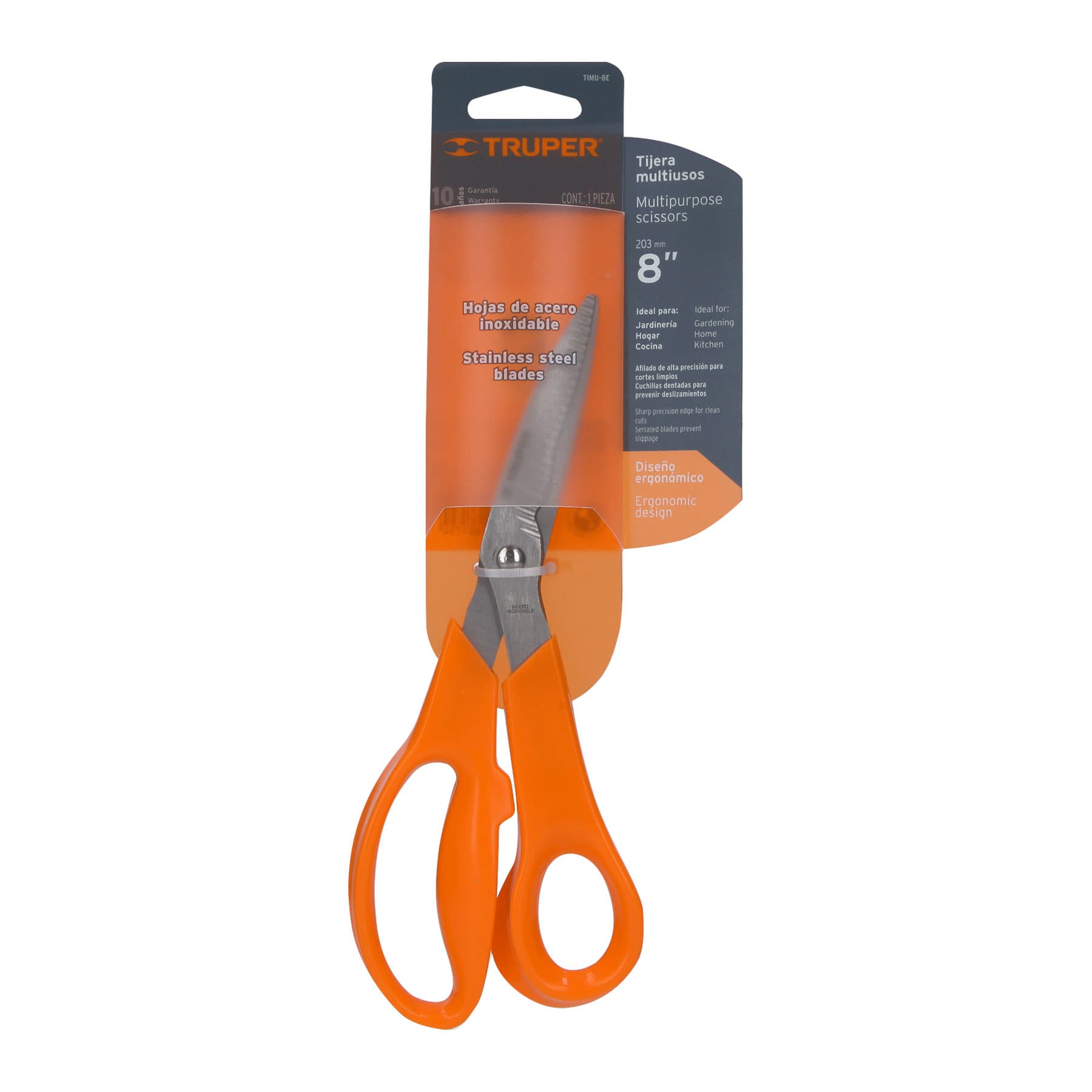 Tijera 8" multiusos de acero inoxidable con cuchillas dentadas