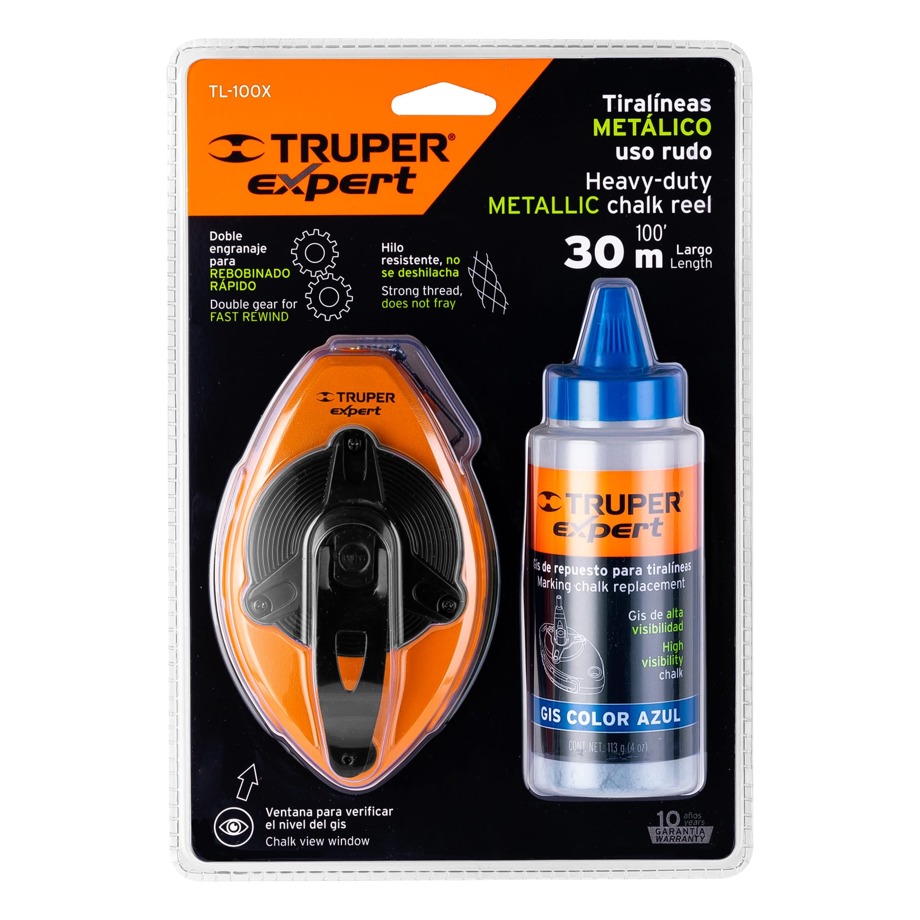 Tiralíneas metálico con gis, uso rudo, 30 m (100 ft), Expert