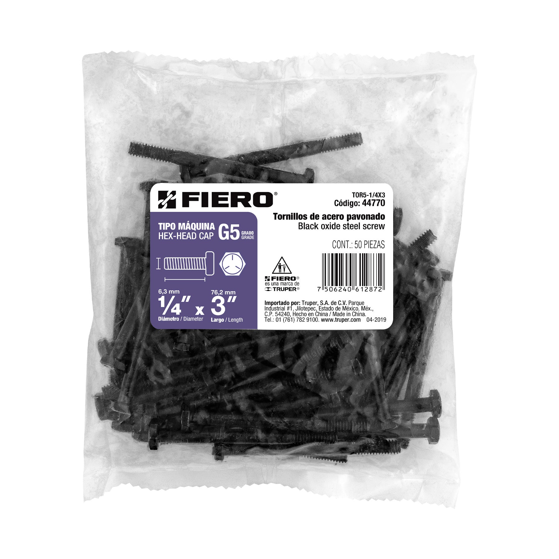 Bolsa con 50 tornillos 1/4" x 3" acero grado 5, Fiero