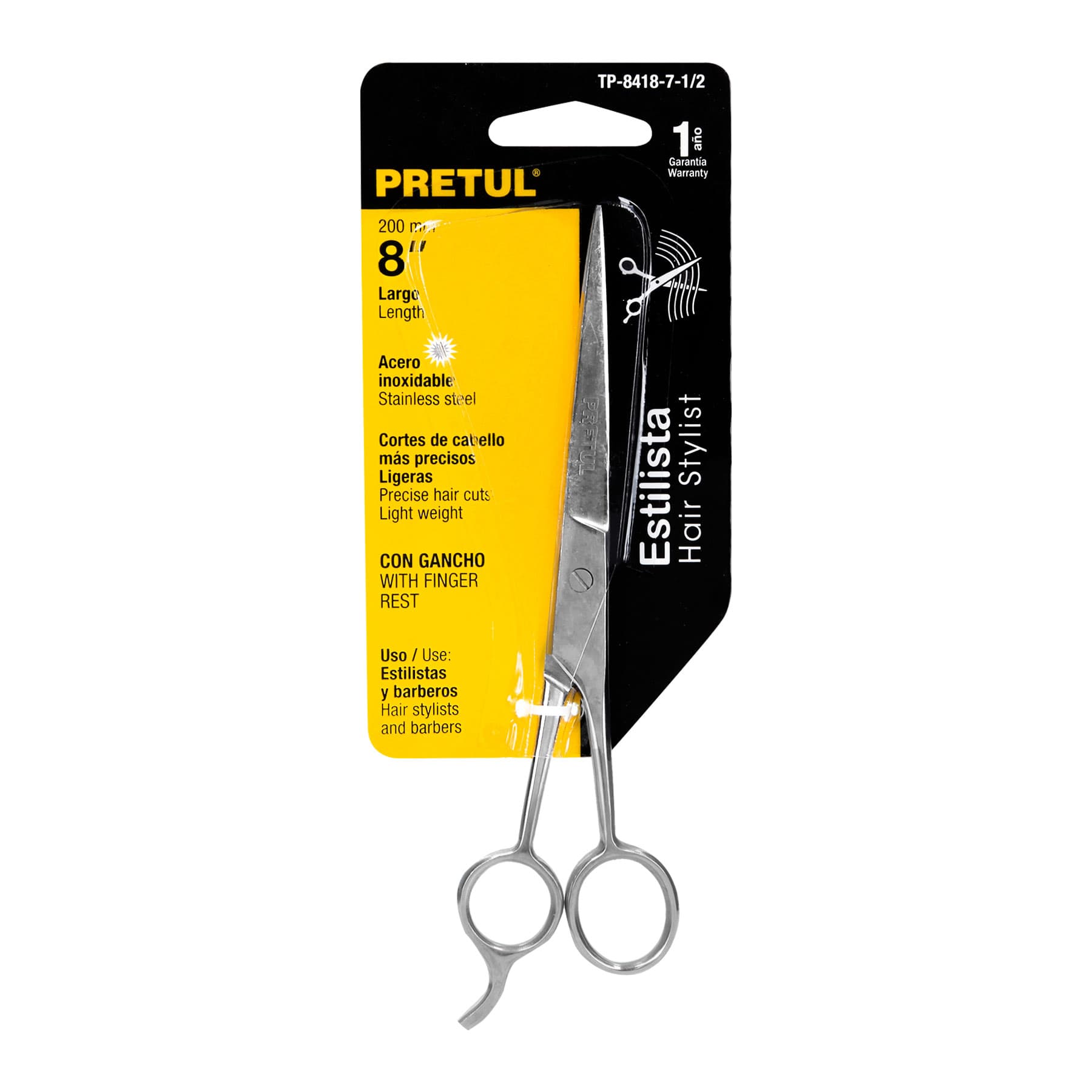 Tijera 7-1/2" acero inox con gancho, para estilista, Pretul