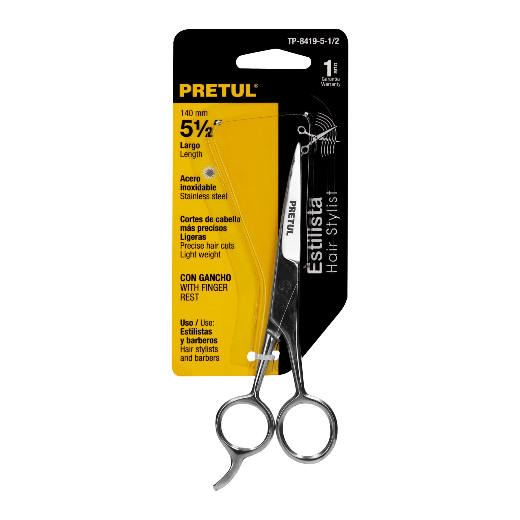 Tijera 5-1/2" acero inox con gancho, para estilista, Pretul