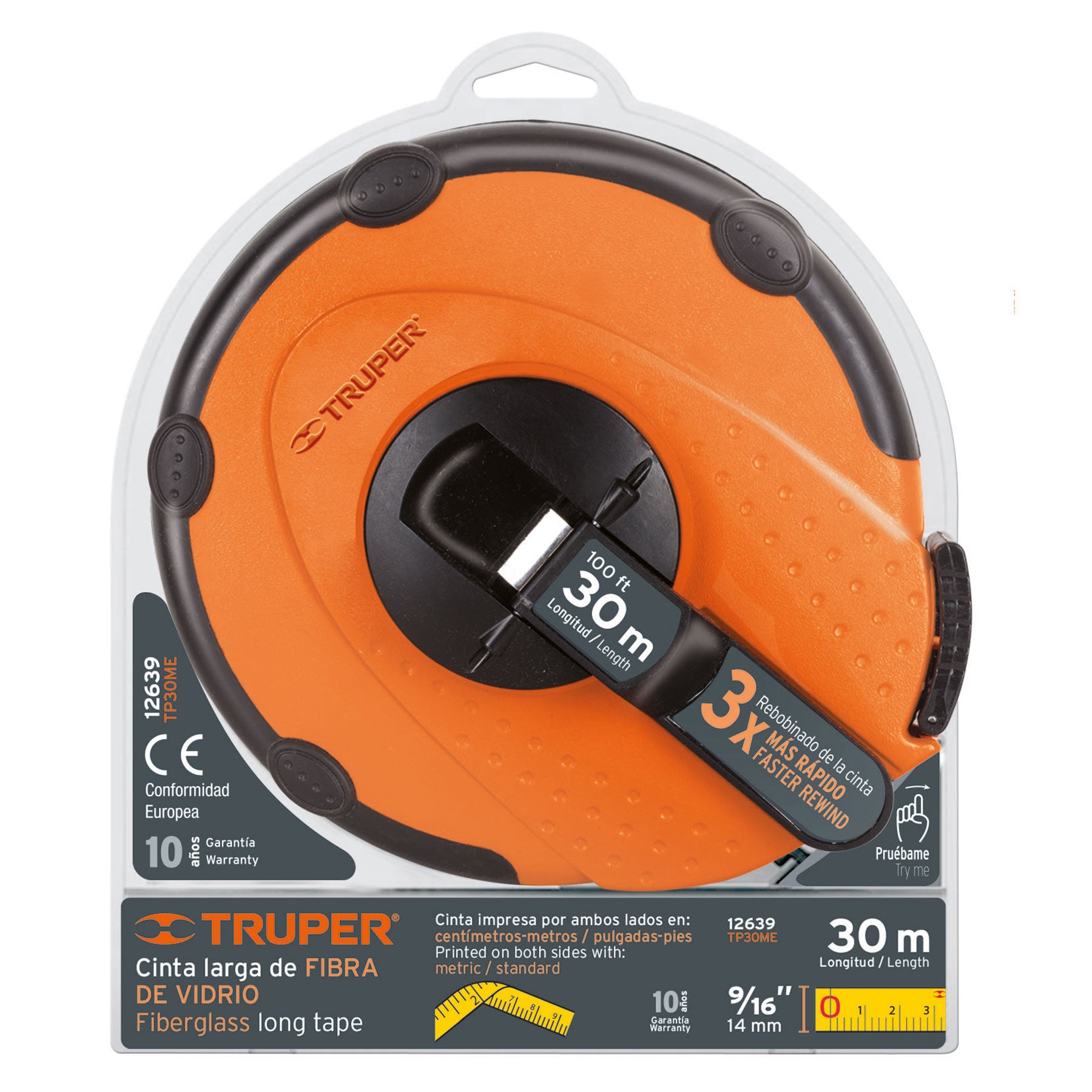 Cinta métrica larga 30m fibra de vidrio, carcasa plástica