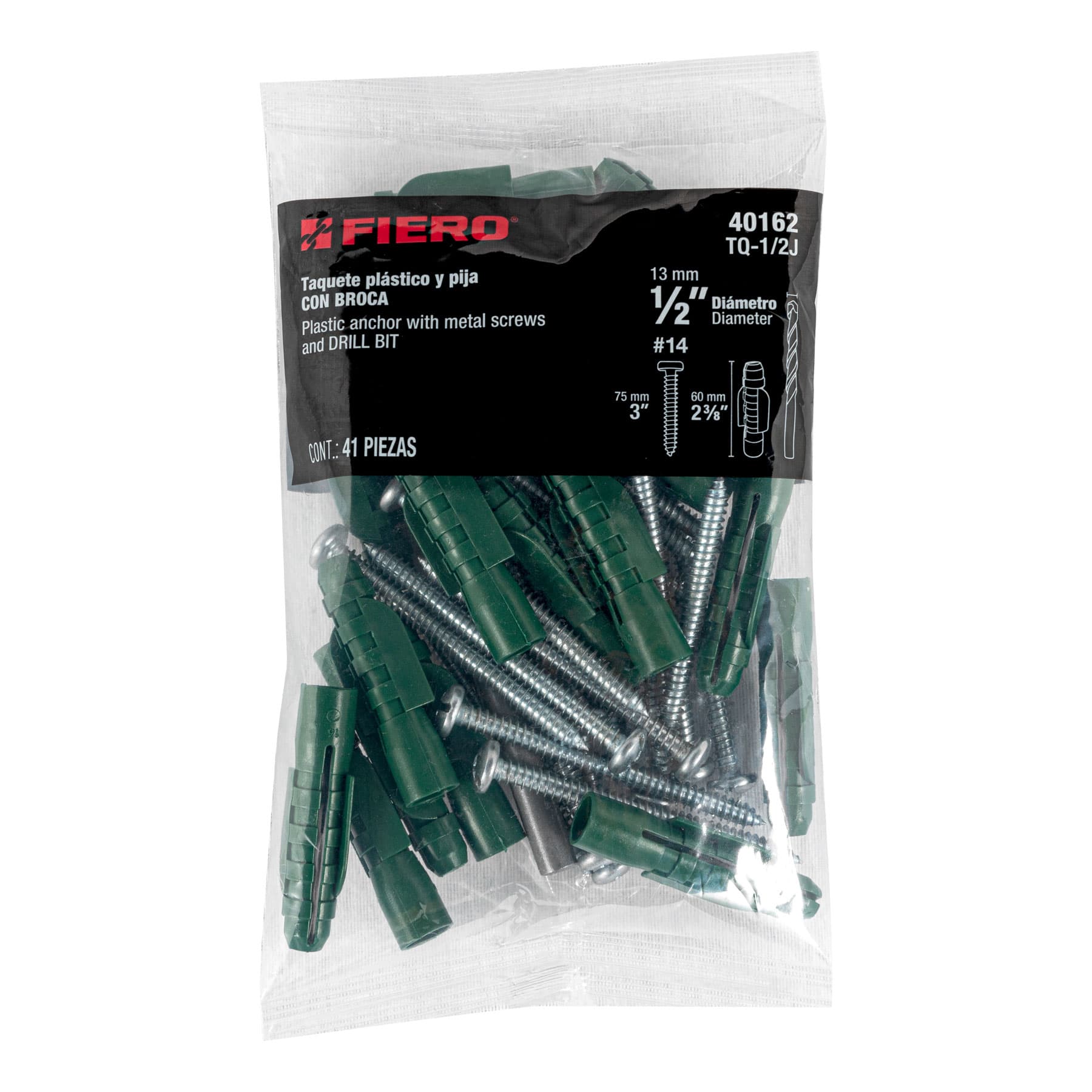 Kit de 20 taquetes 1/2" con pijas #14 y 1 broca 1/2", Fiero