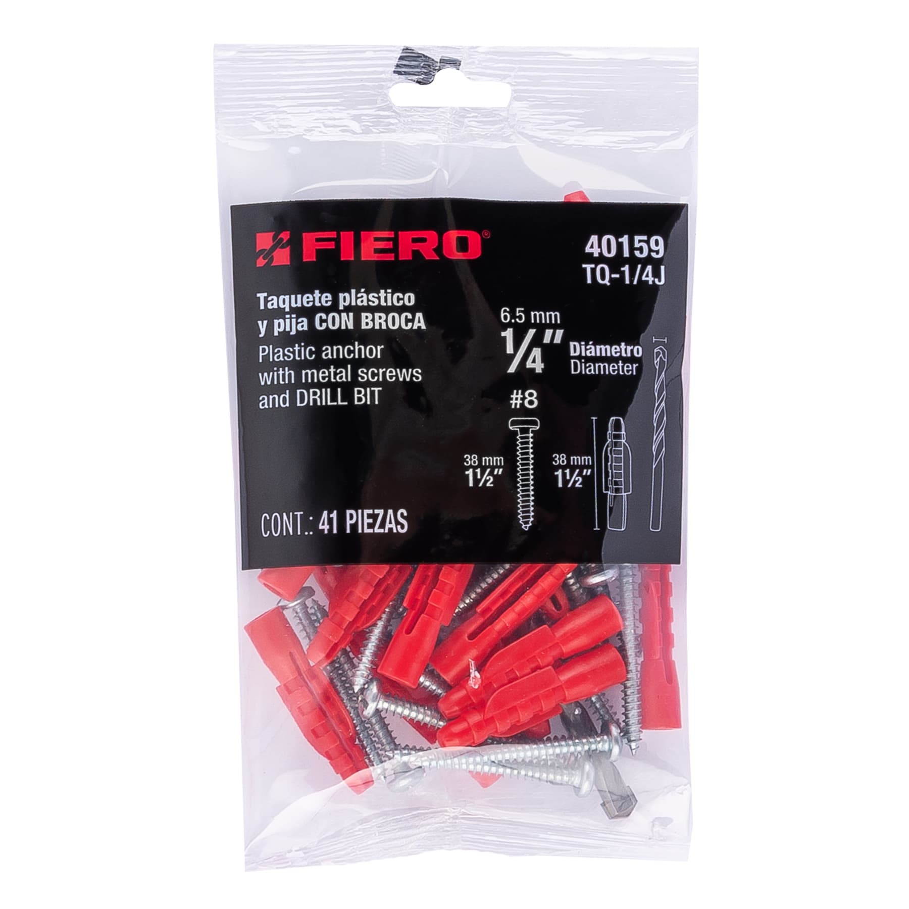 Kit de 20 taquetes 1/4" con pijas #8 y 1 broca 1/4", Fiero