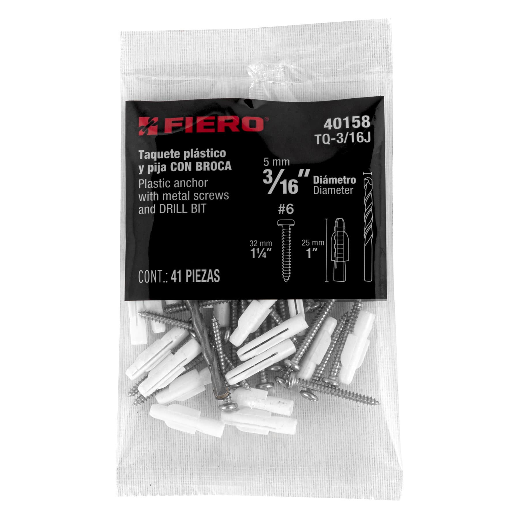 Kit de 20 taquetes 3/16" con pijas #6 y 1 broca 3/16", Fiero