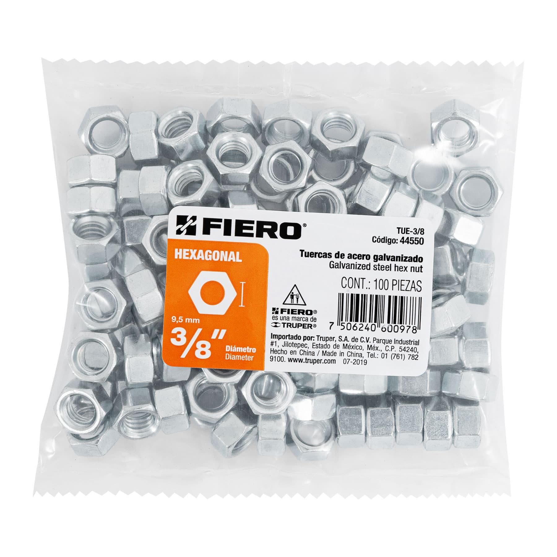 Bolsa con 100 tuercas 3/8" hexagonales de acero galvanizado