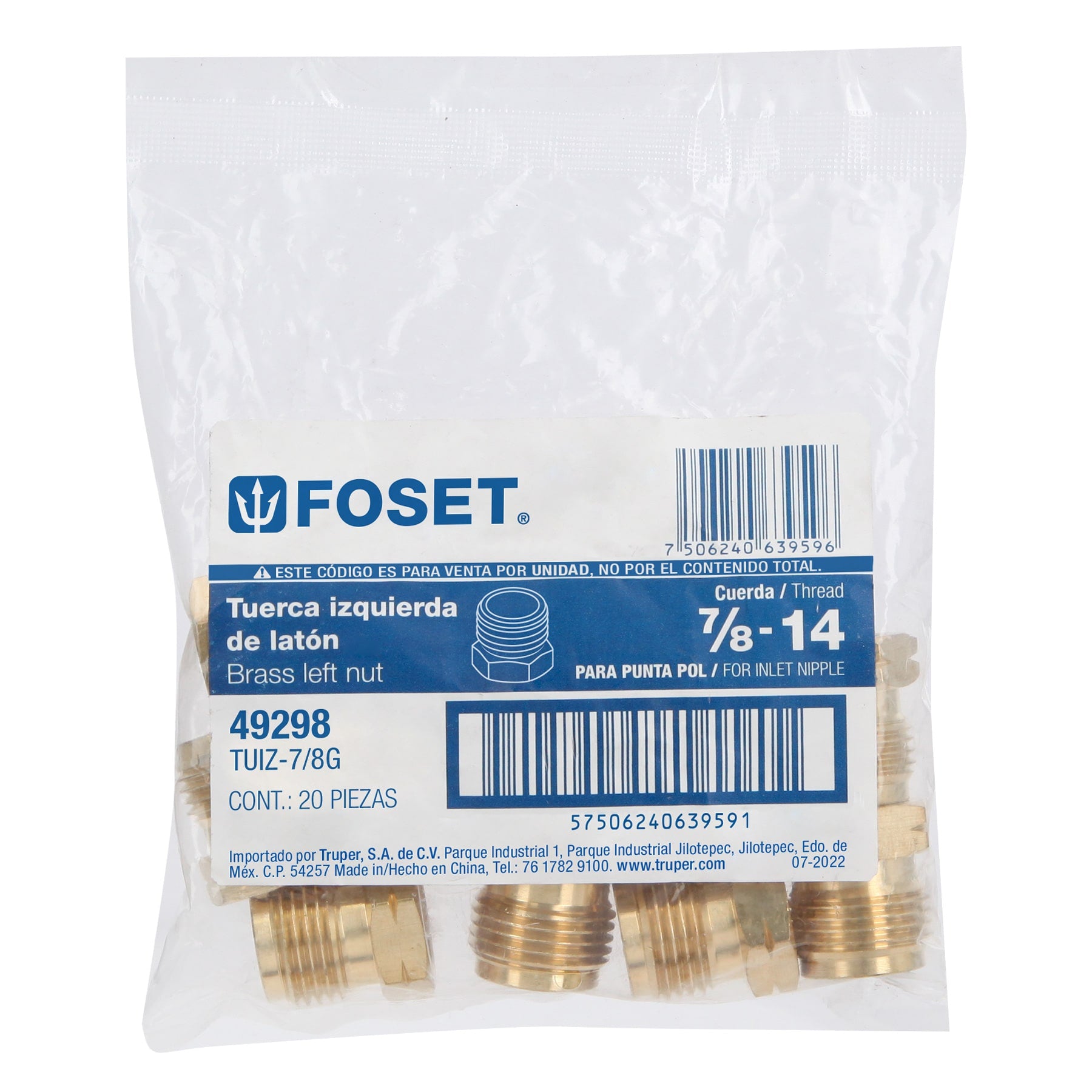 Tuerca izquierda de latón 7/8" a granel, Foset