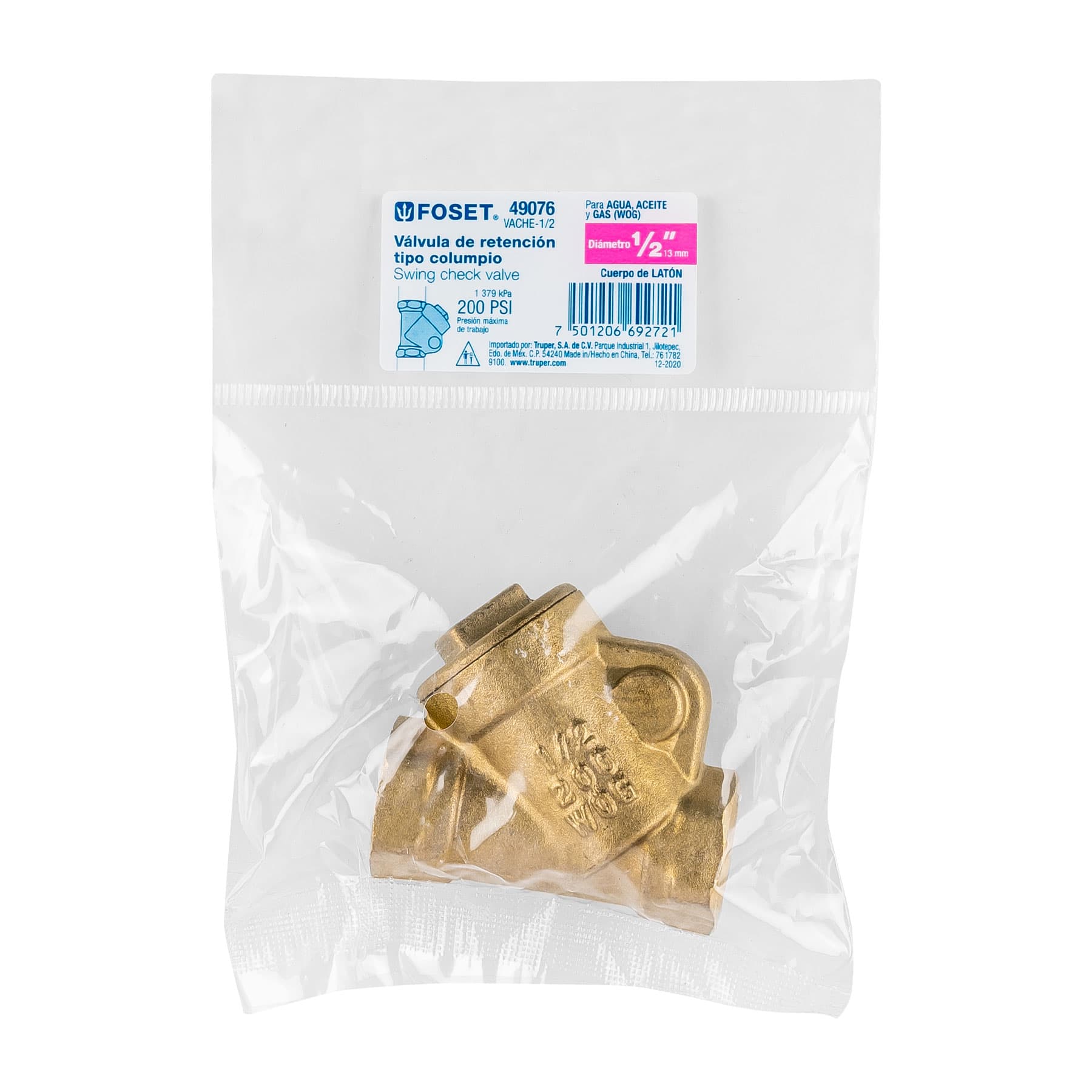 Válvula check de latón de 1/2", Foset