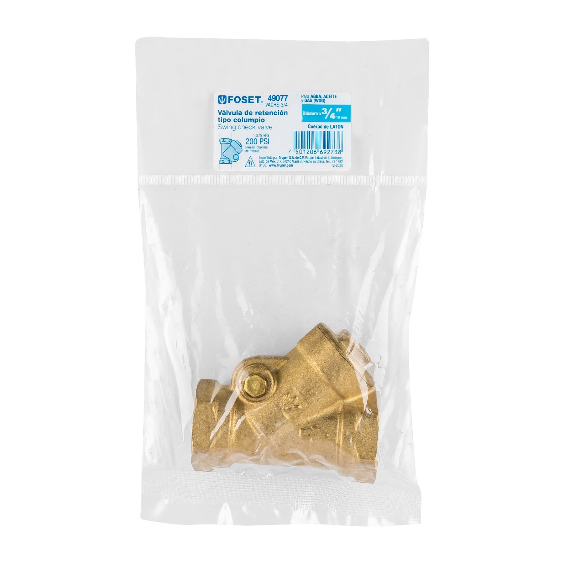 Válvula check de latón de 3/4", Foset