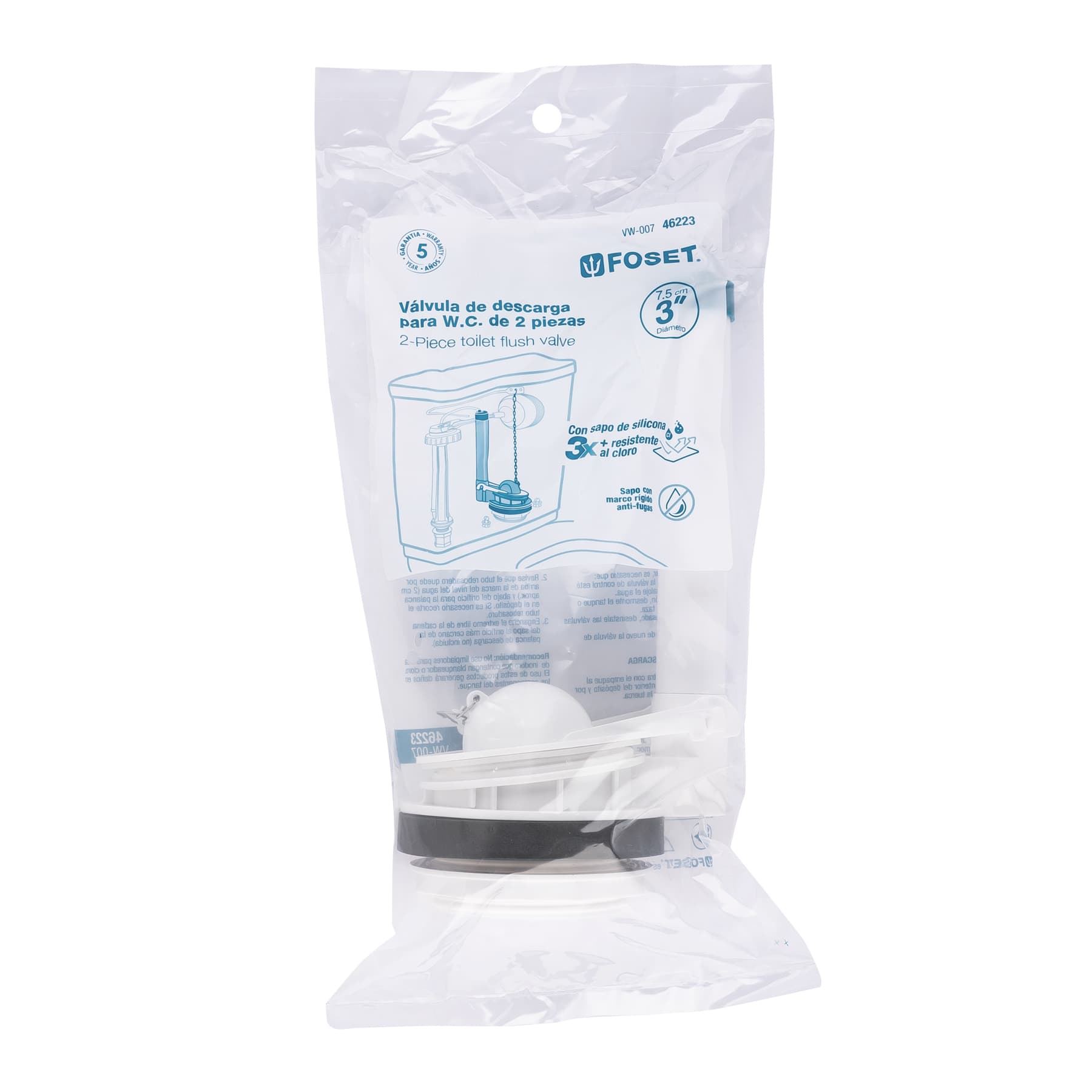 Válvula de descarga 3" para WC de 2 pzas, cadena plástica