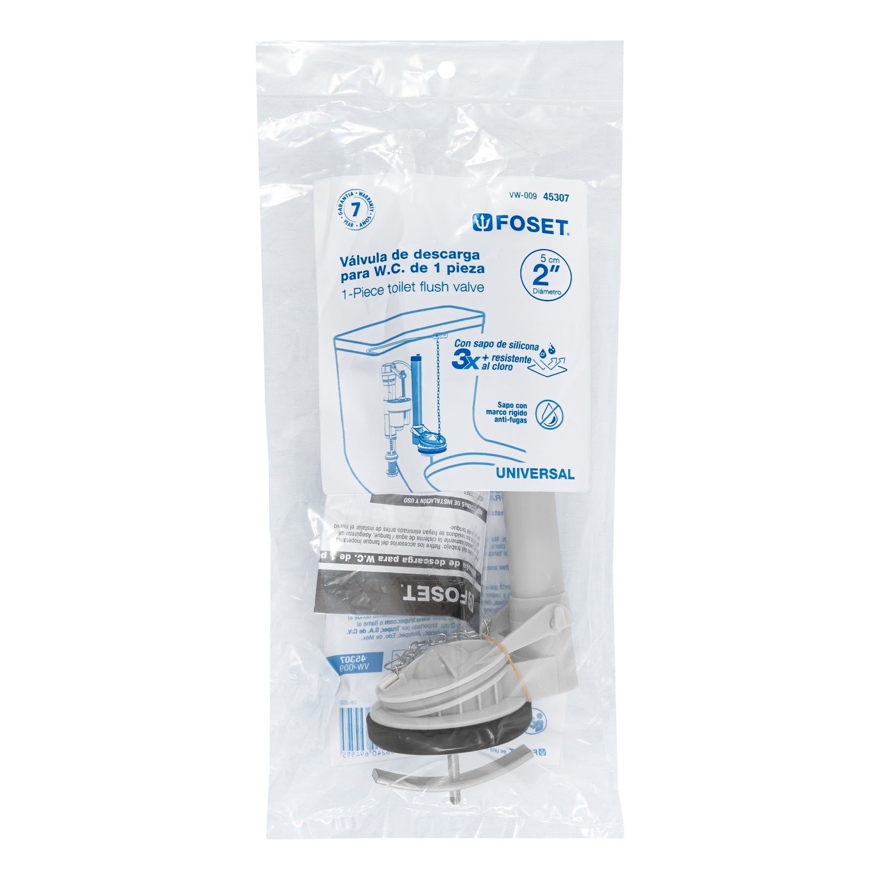 Válvula de descarga 2" para WC de 1 pza, cadena inoxidable Foset