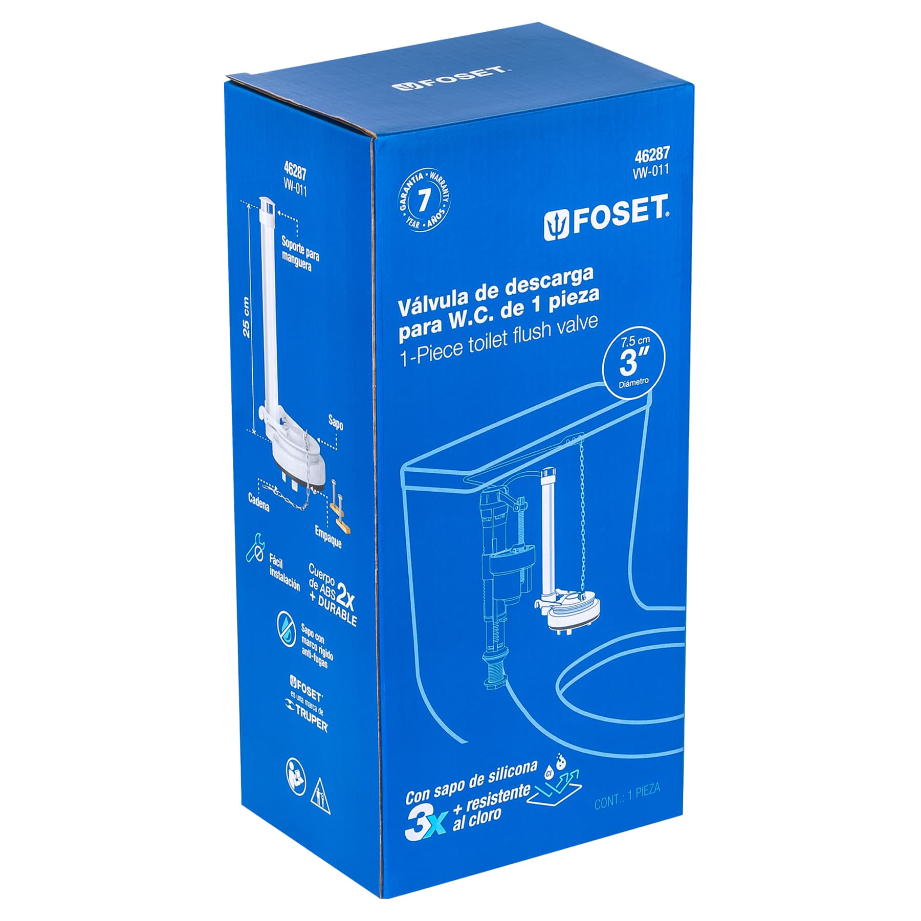 Válvula de descarga 3" para WC de 1 pza, cadena inoxidable Foset