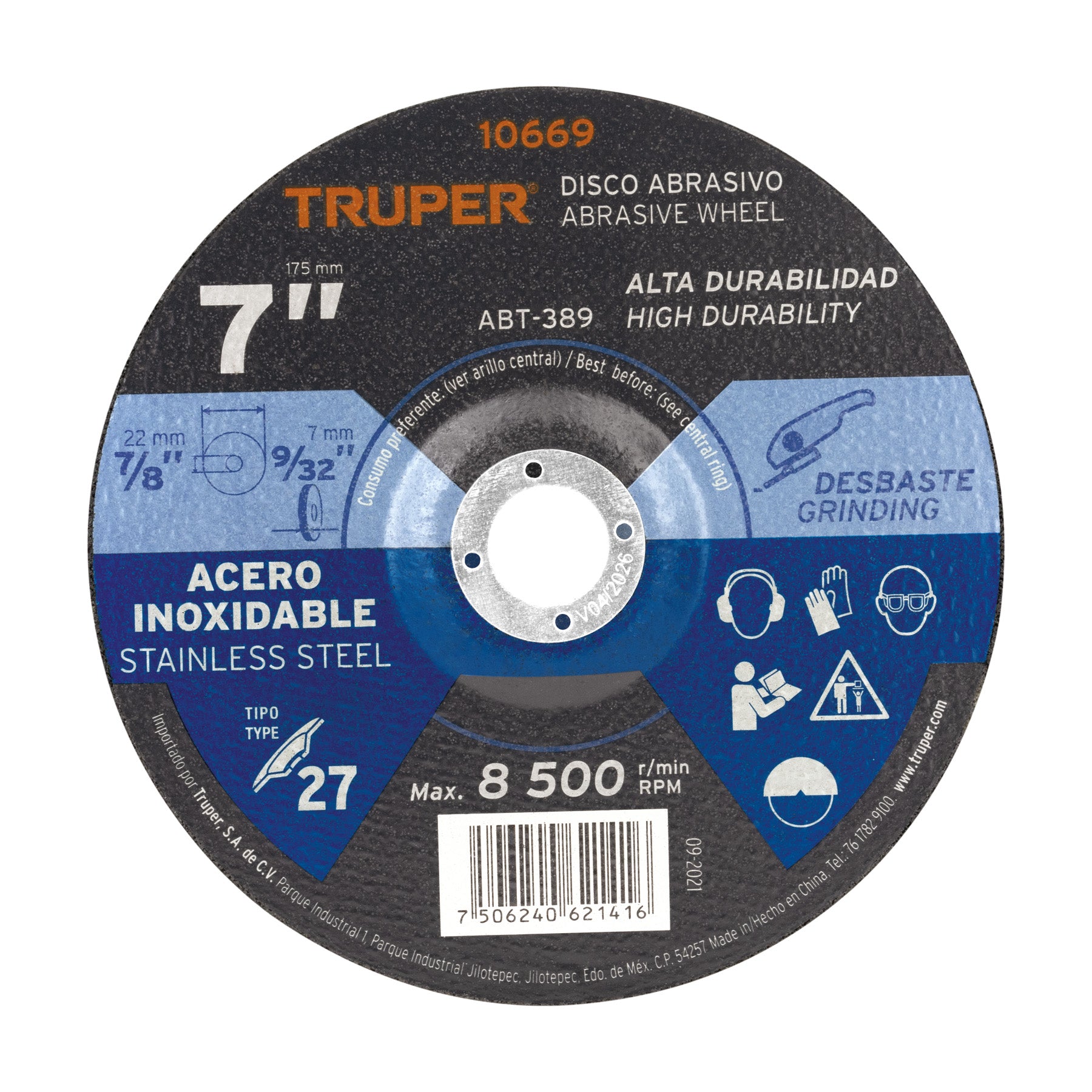 Disco Tipo 27 de 7" x 7.2 mm desbaste de acero inoxidable