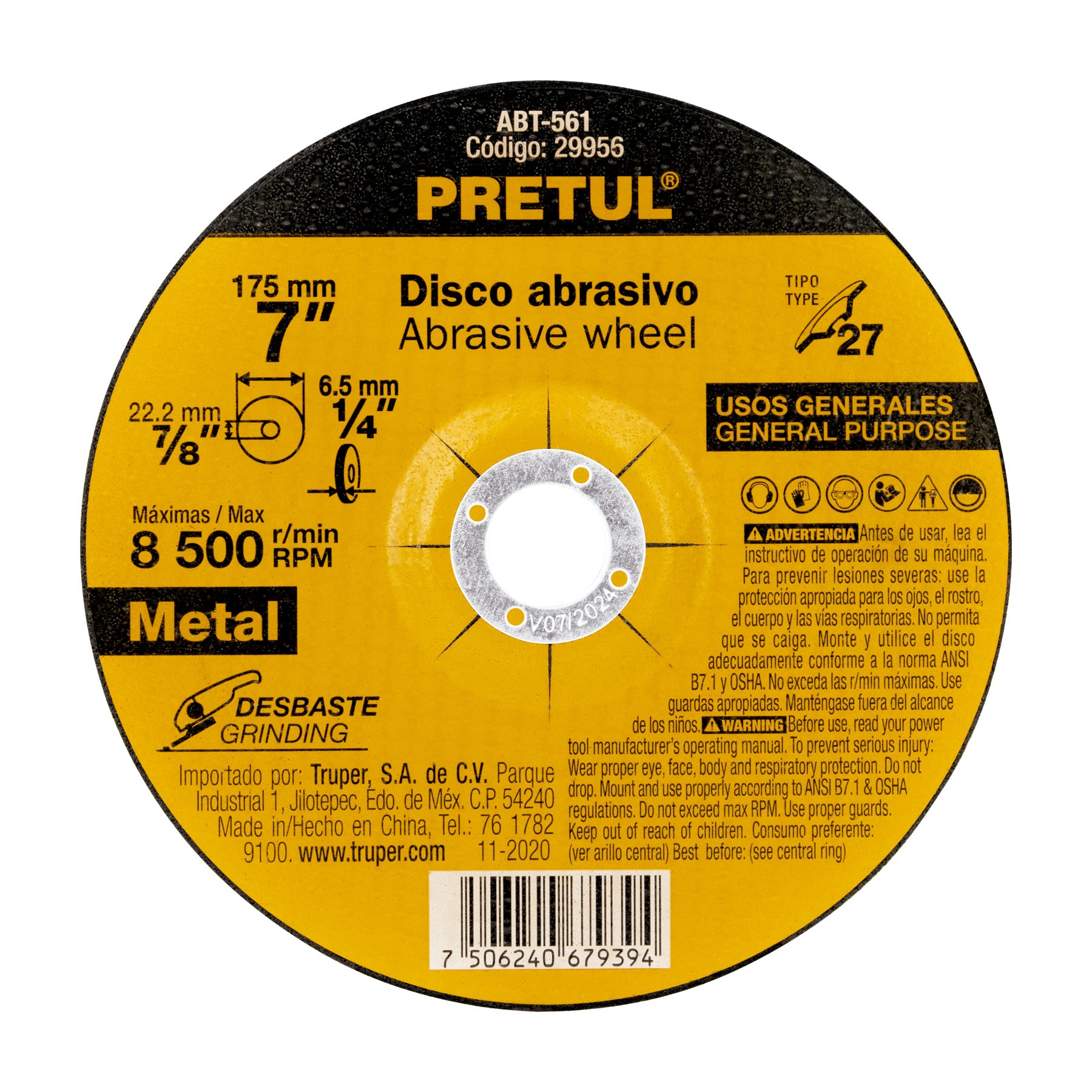 Disco Tipo 27 de 7" x 6.2 mm desbaste de metal, Pretul, ABT-561, 29956
