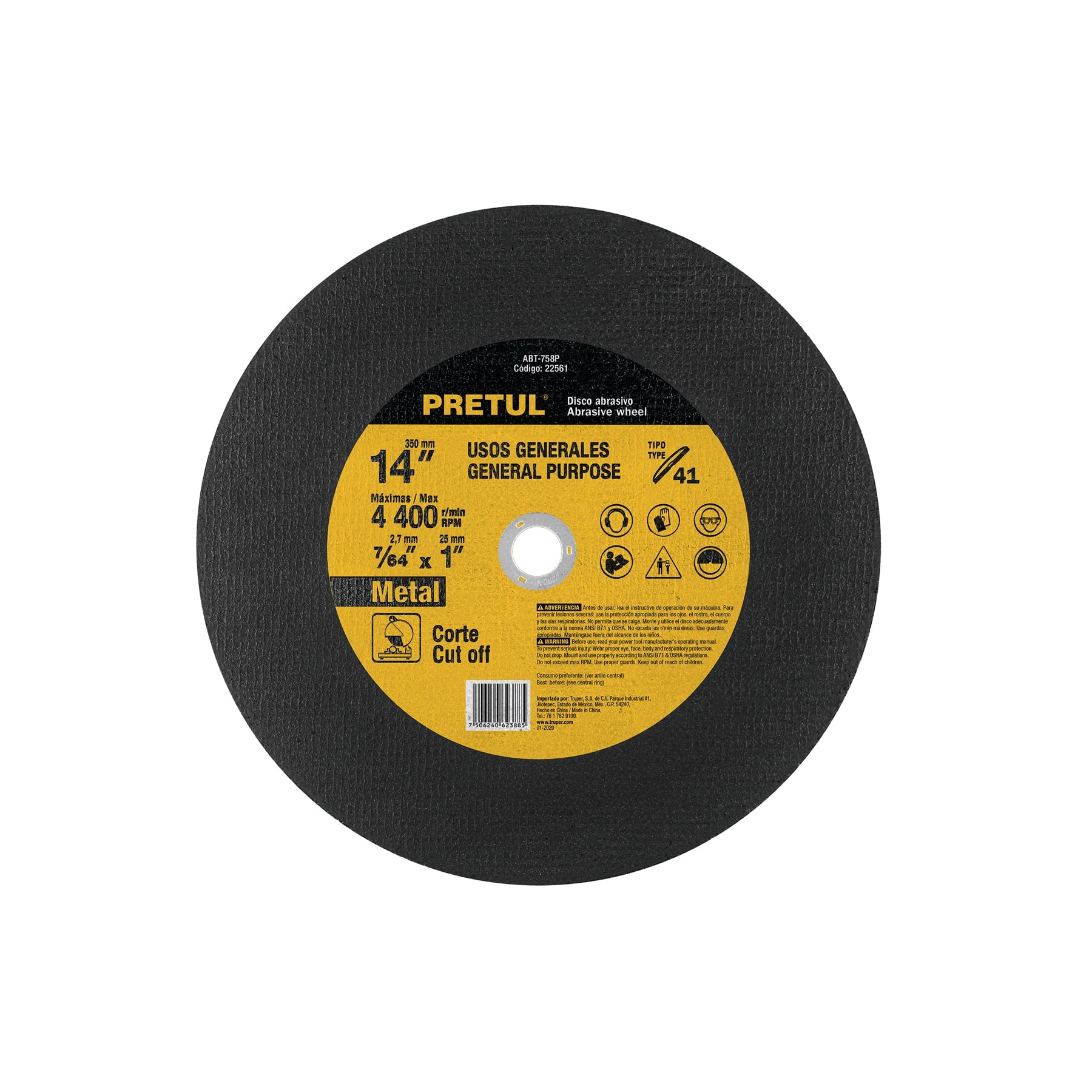 Disco Tipo 41 de 14" x 3.1 mm para corte de metal, Pretul, ABT-758P, 22561
