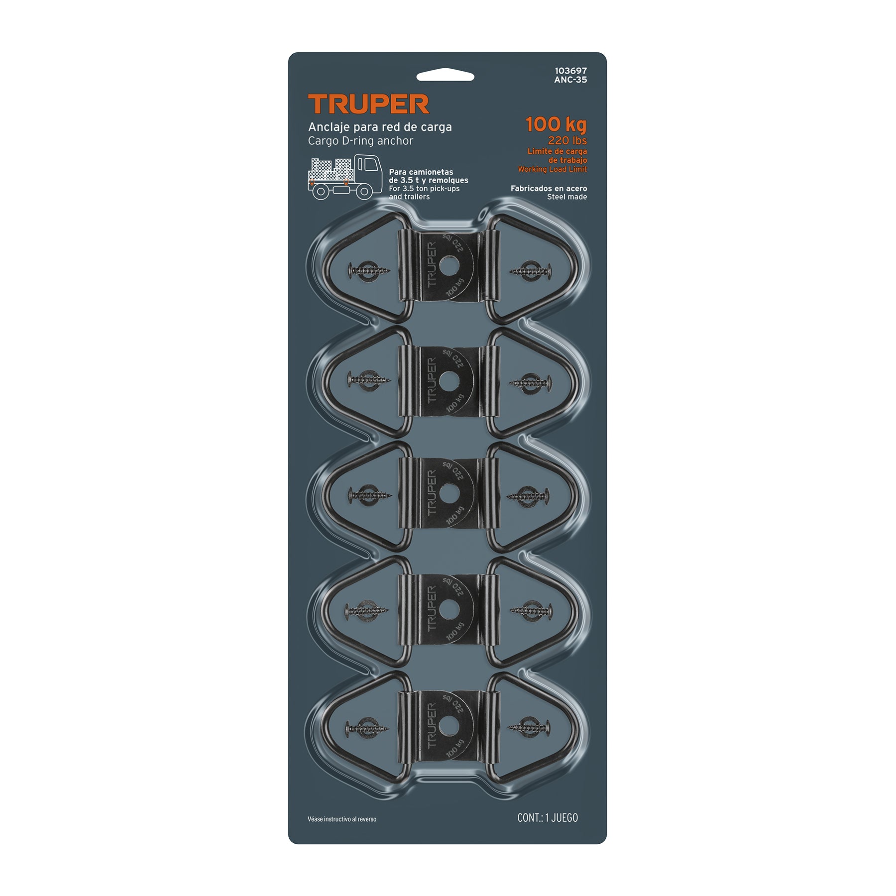 Blister con 10 anclajes para redes de carga de 3.5 ton.