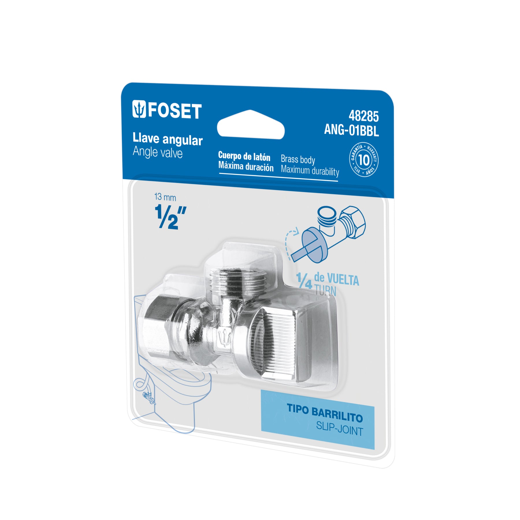 Llave angular 1/2", 1/4 de vuelta, barrilito, blíster, Foset, ANG-01BBL, 48285