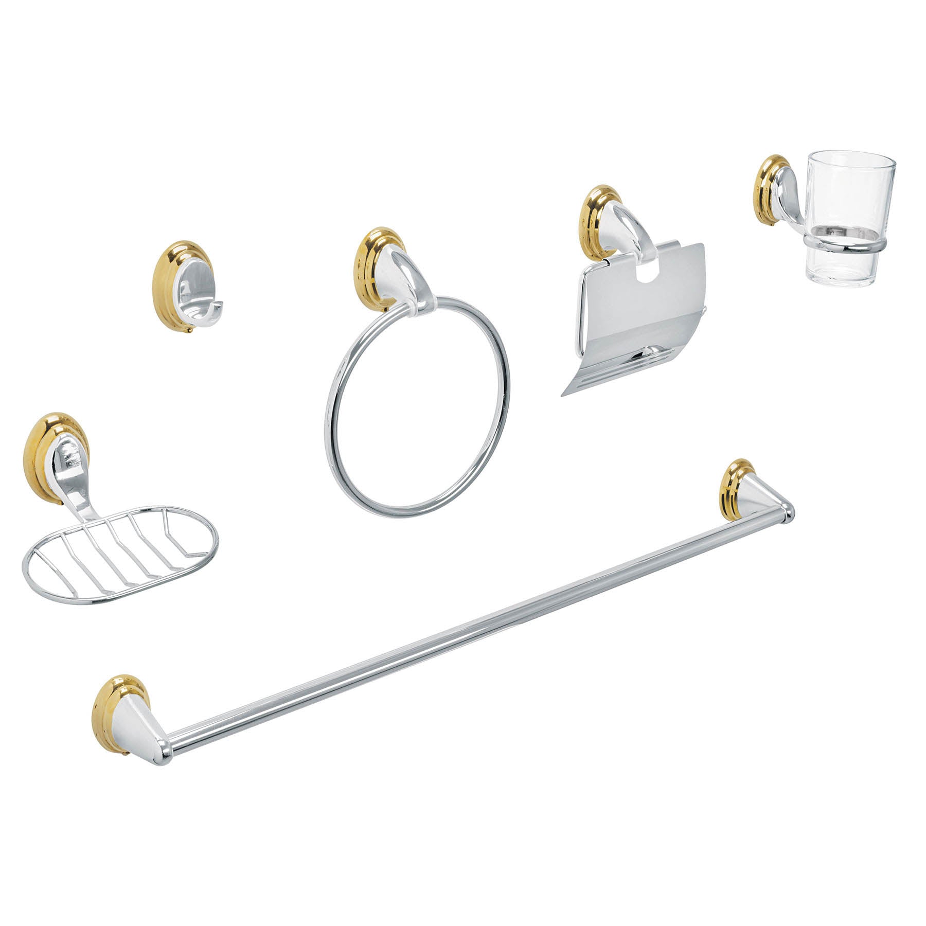 Juego de 6 acc. para baño cromo-oro chapetón ovalado, Aqua