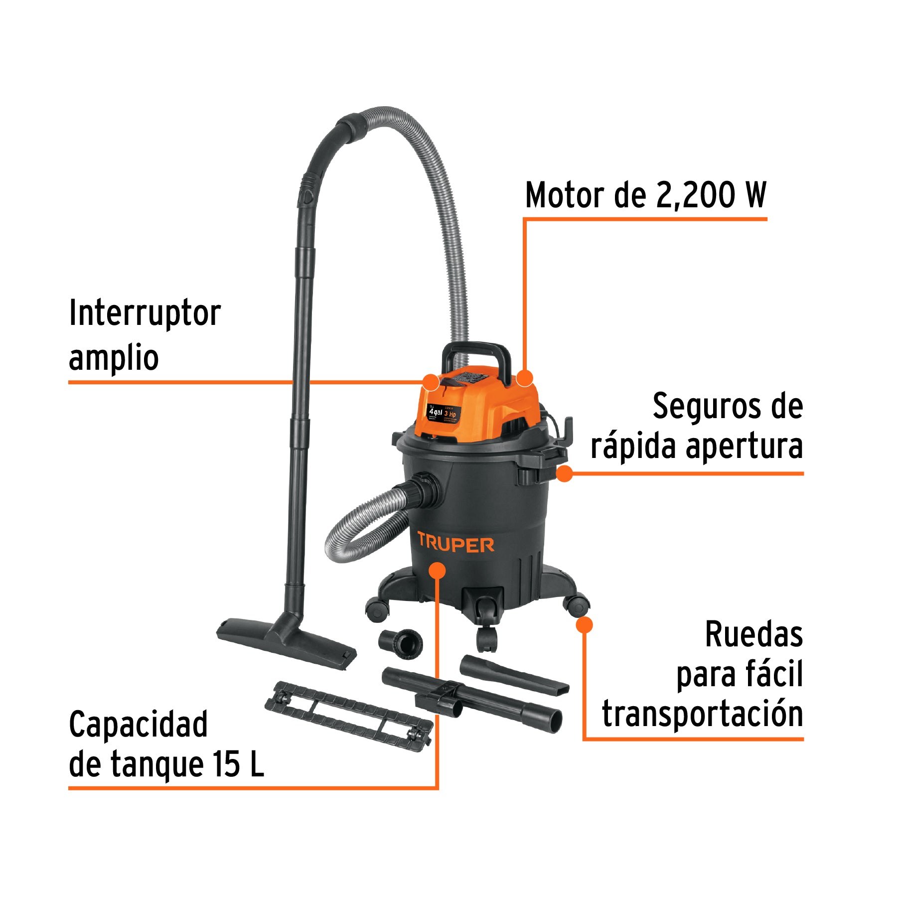 Aspiradora de sólidos y líquidos, 4 gal, plástica, negra