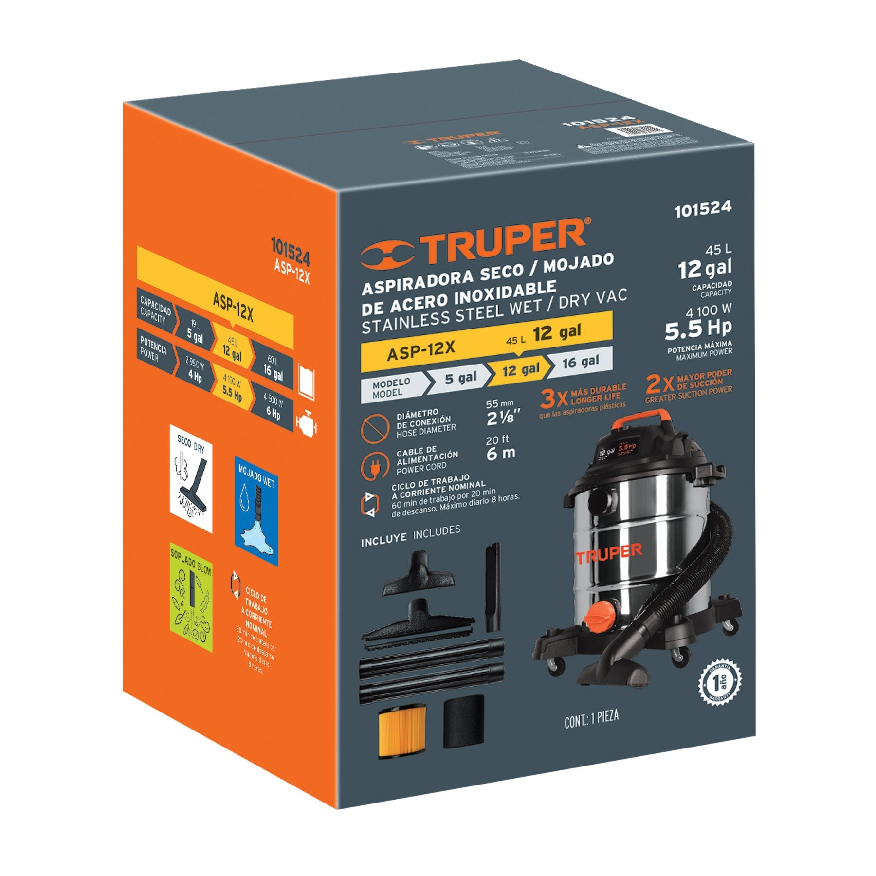 Aspiradora de sólidos y líquidos, 12 gal, acero inoxidable Truper
