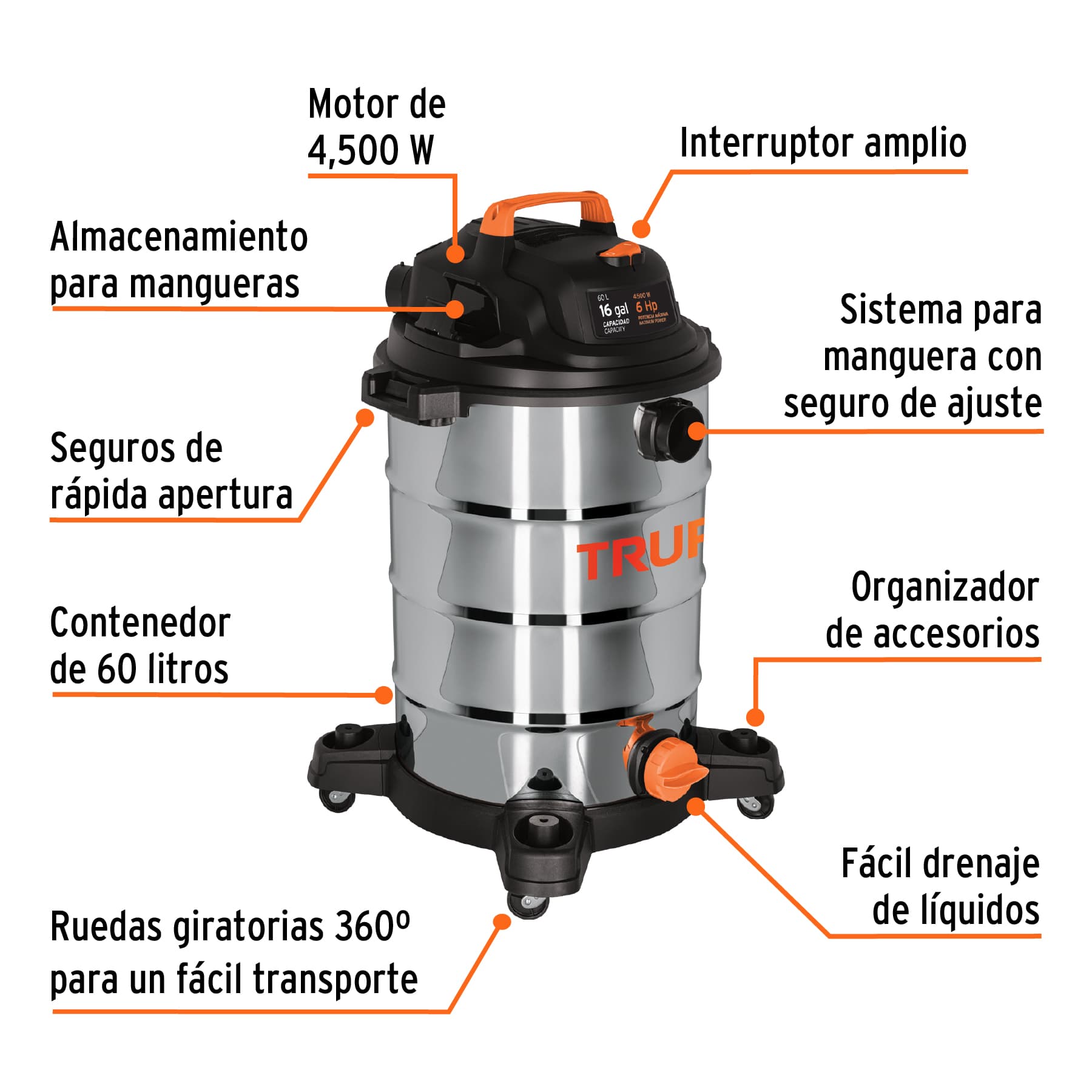 Aspiradora de sólidos y líquidos, 16 gal, acero inoxidable Truper