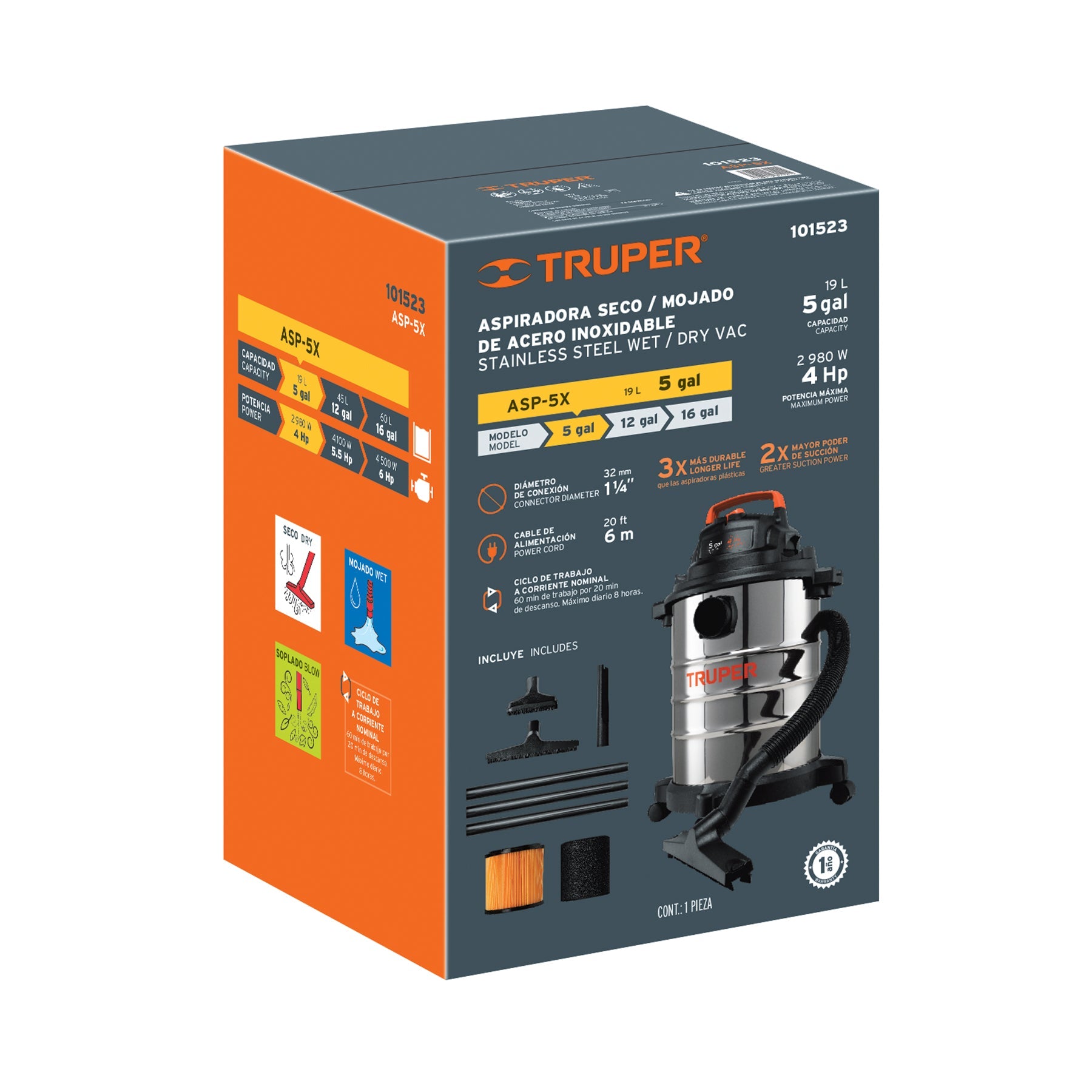 Aspiradora de sólidos y líquidos, 5 gal, acero inoxidable Truper