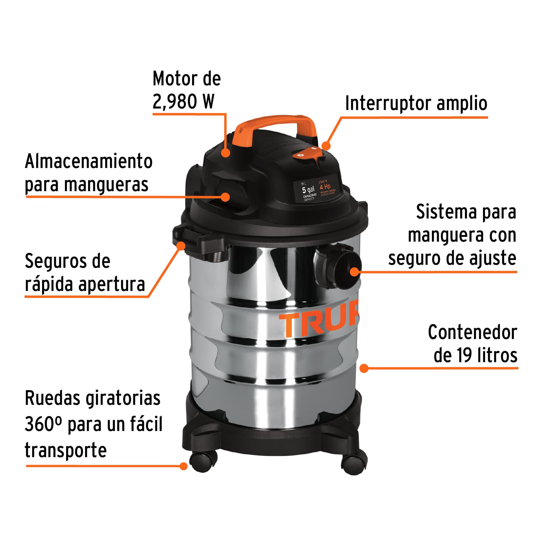 Aspiradora de sólidos y líquidos, 5 gal, acero inoxidable Truper