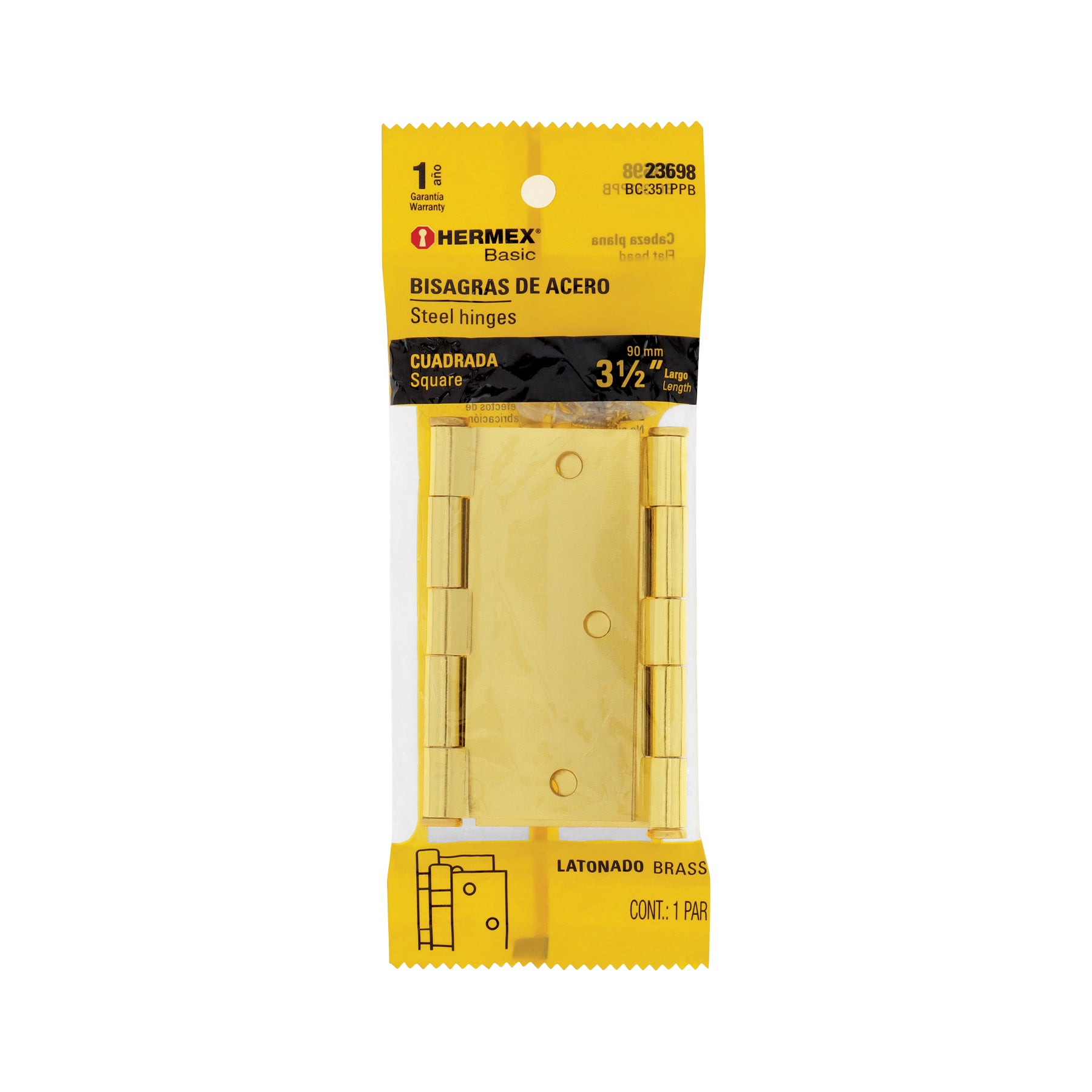 Bolsa con 2 bisagras cuadradas 3-1/2",latonado BASIC, Hermex, BC-351PPB, 23698