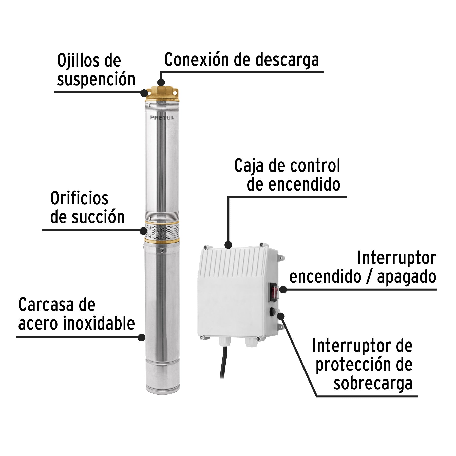 Bomba sumergible tipo bala, 1-1/2HP, uso agrícola, Pretul