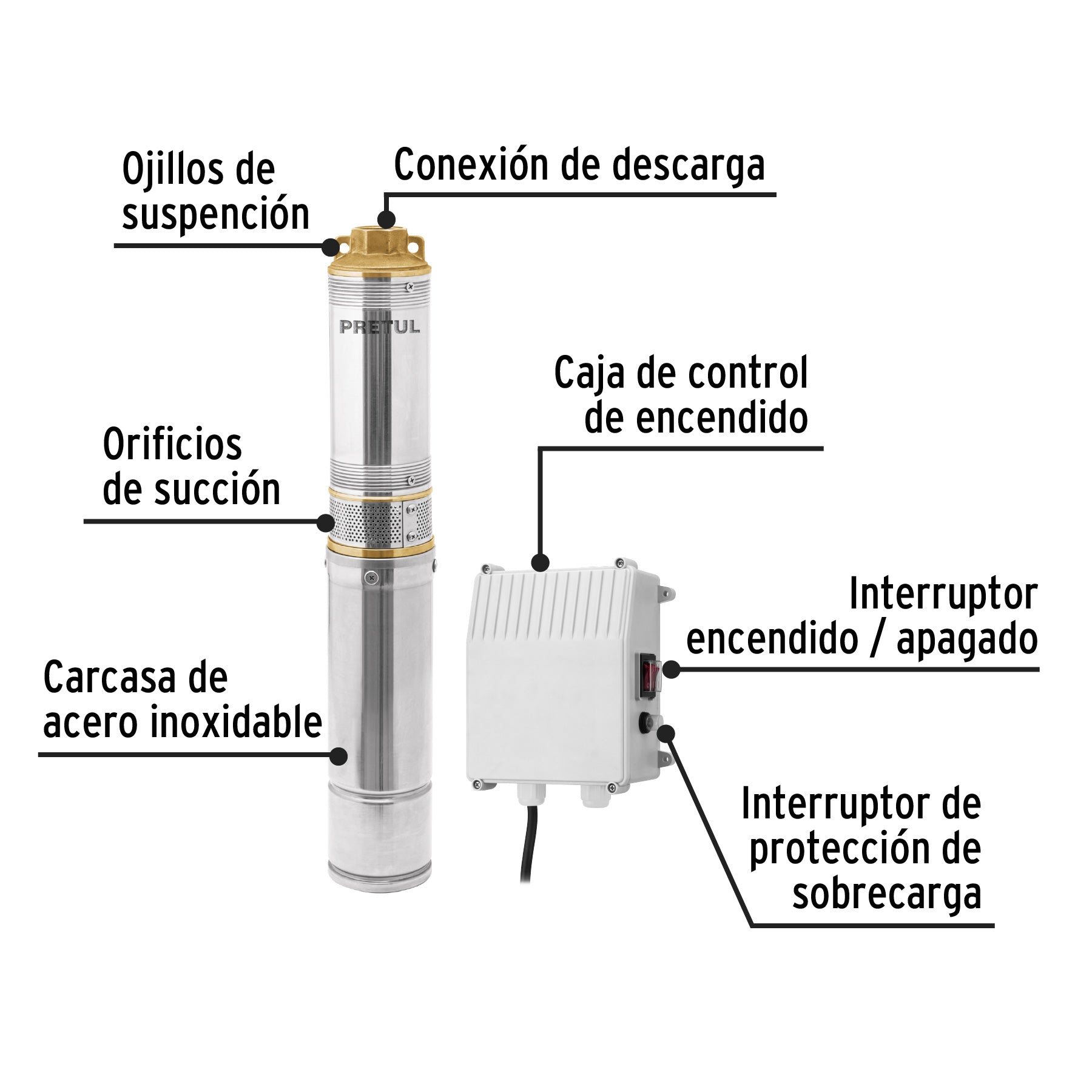 Bomba sumergible tipo bala, 1/2HP, uso agrícola, Pretul