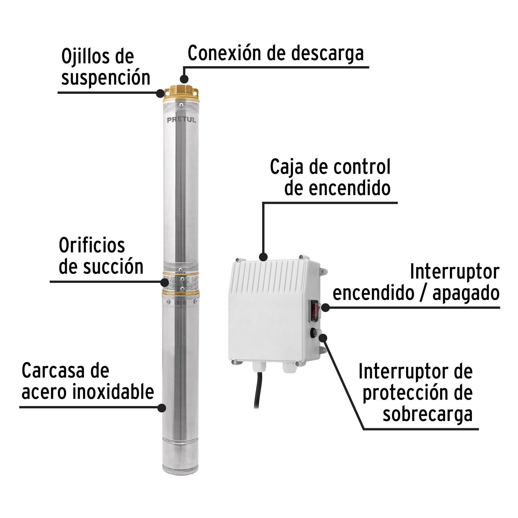 Bomba sumergible tipo bala, 2HP, uso agrícola, Pretul