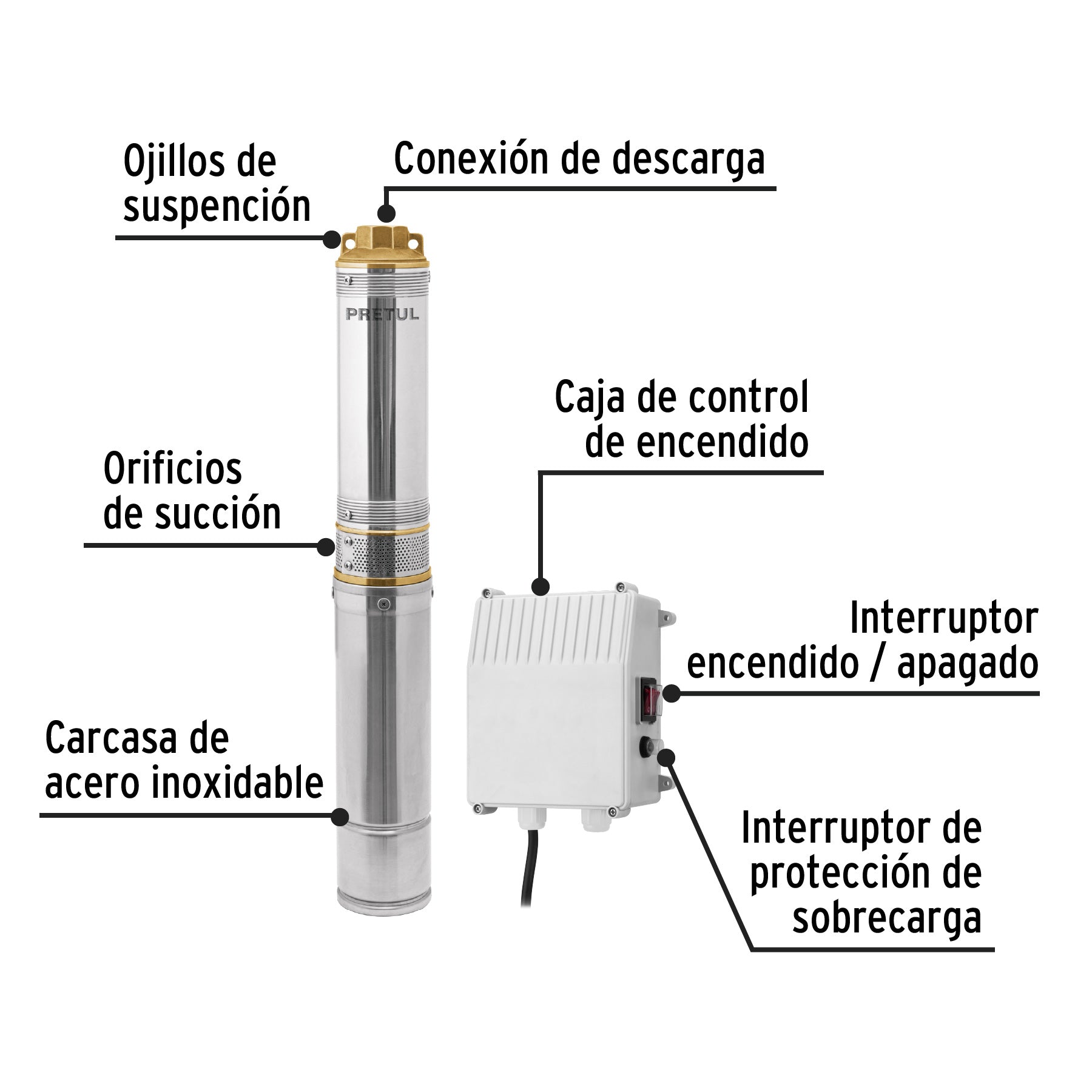 Bomba sumergible tipo bala, 3/4HP, uso agrícola, Pretul