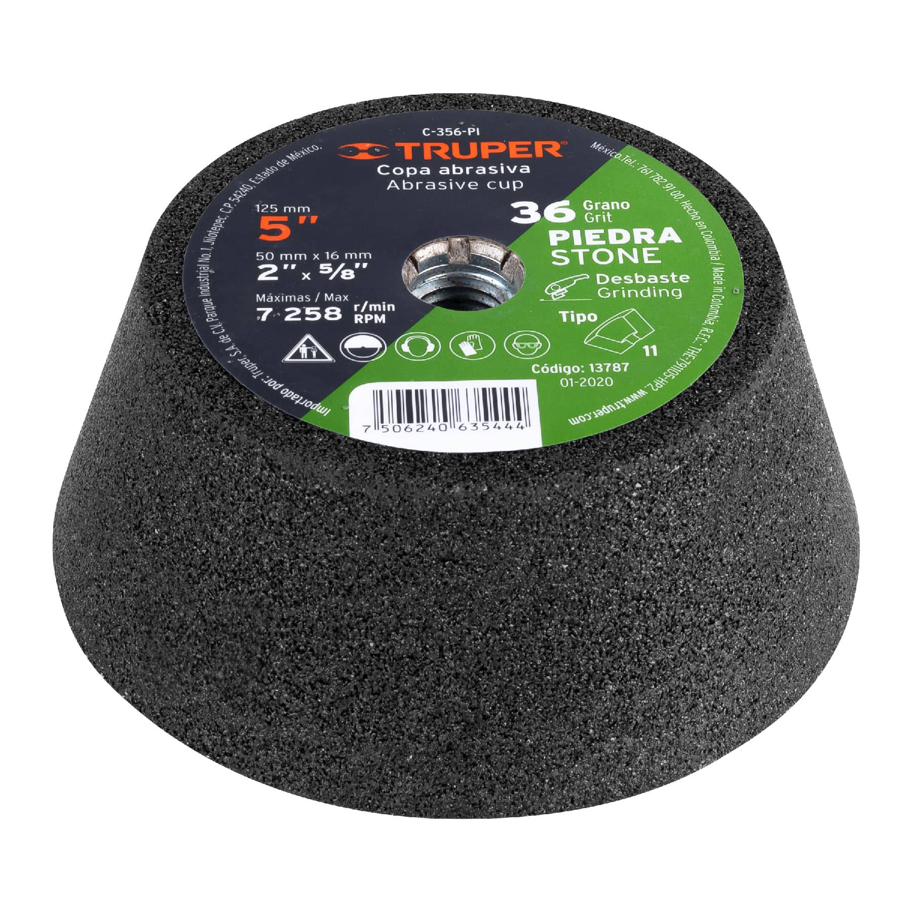 Copa desbaste de piedra 5" grano 36, eje 5/8-11, Truper